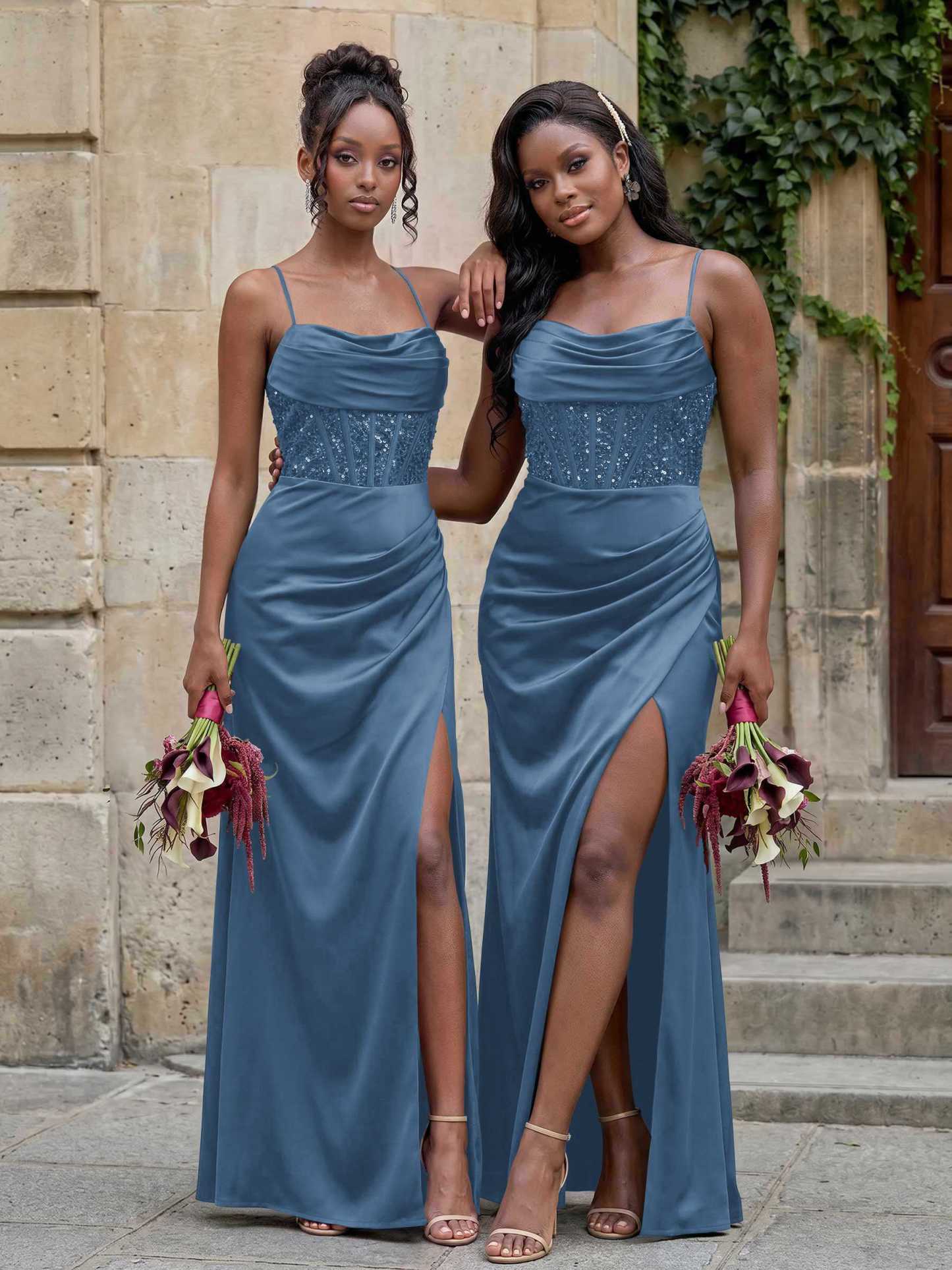 Cowl Neck Sparkle Corset Sleeveless Spaghetti Straps Bridesmaid Dresses With Cross Strappy Back, image 6