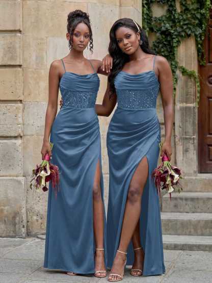 Cowl Neck Sparkle Corset Sleeveless Spaghetti Straps Bridesmaid Dresses With Cross Strappy Back