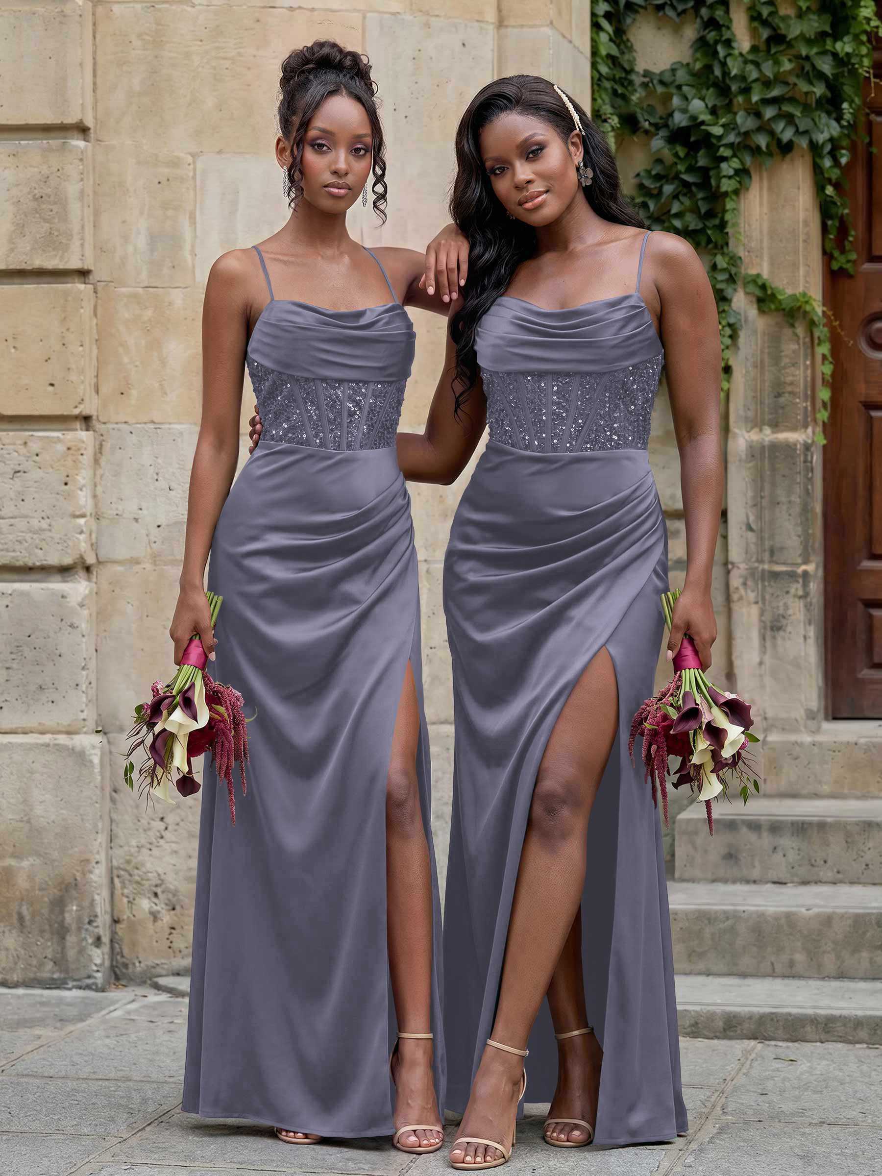 Cowl Neck Sparkle Corset Sleeveless Spaghetti Straps Bridesmaid Dresses With Cross Strappy Back, image 7