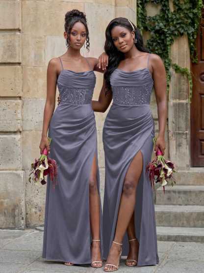 Cowl Neck Sparkle Corset Sleeveless Spaghetti Straps Bridesmaid Dresses With Cross Strappy Back