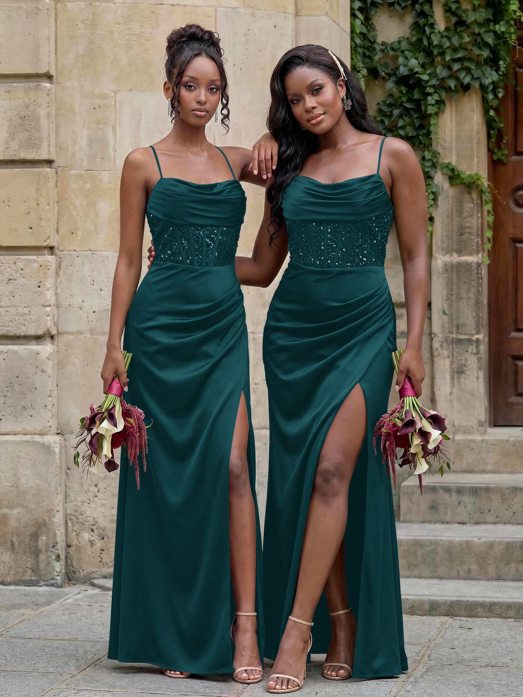 Cowl Neck Sparkle Corset Sleeveless Spaghetti Straps Bridesmaid Dresses With Cross Strappy Back, image 1