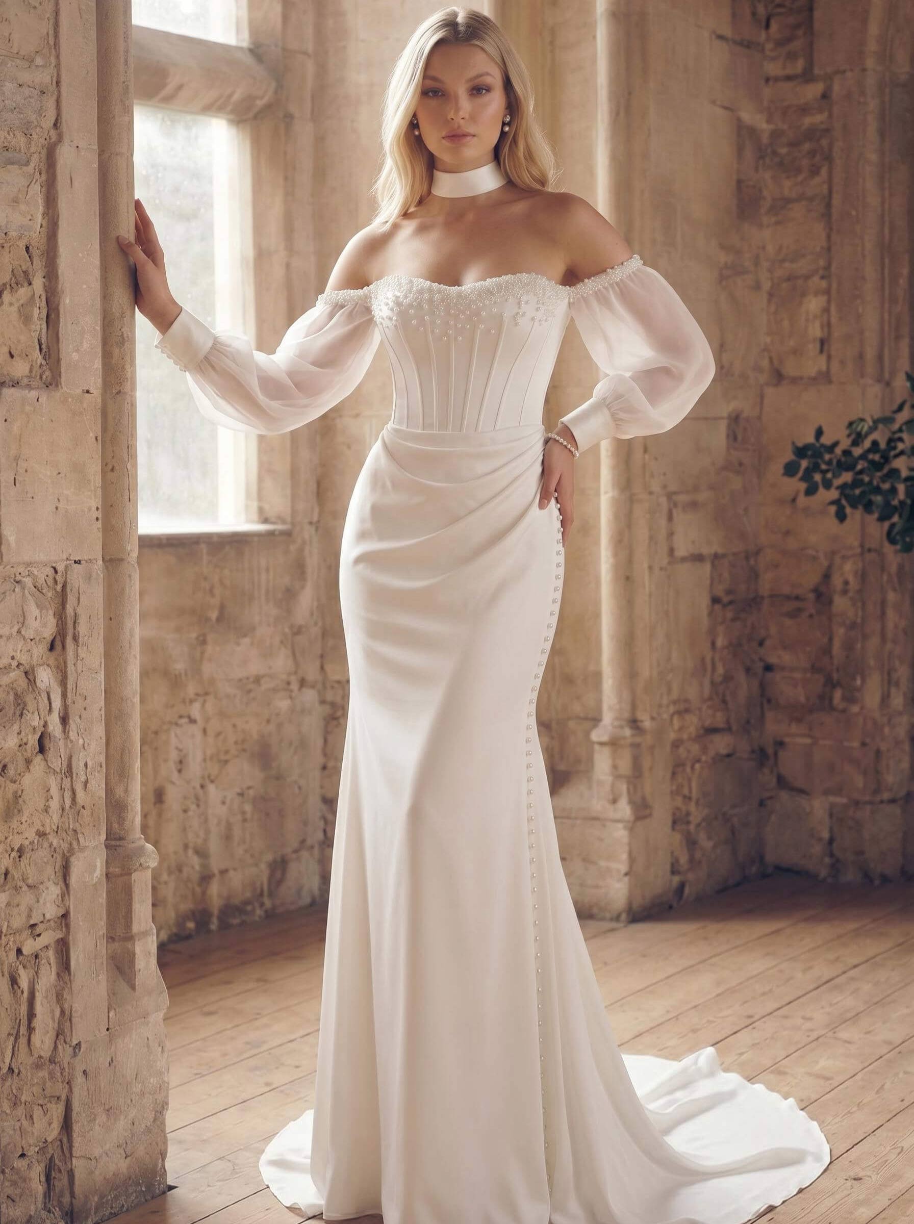 Trumpet/Mermaid Off-The-Shoulder Long Sleeves Chapel Train Crepe Satin Wedding Dresses With Beading, image 1