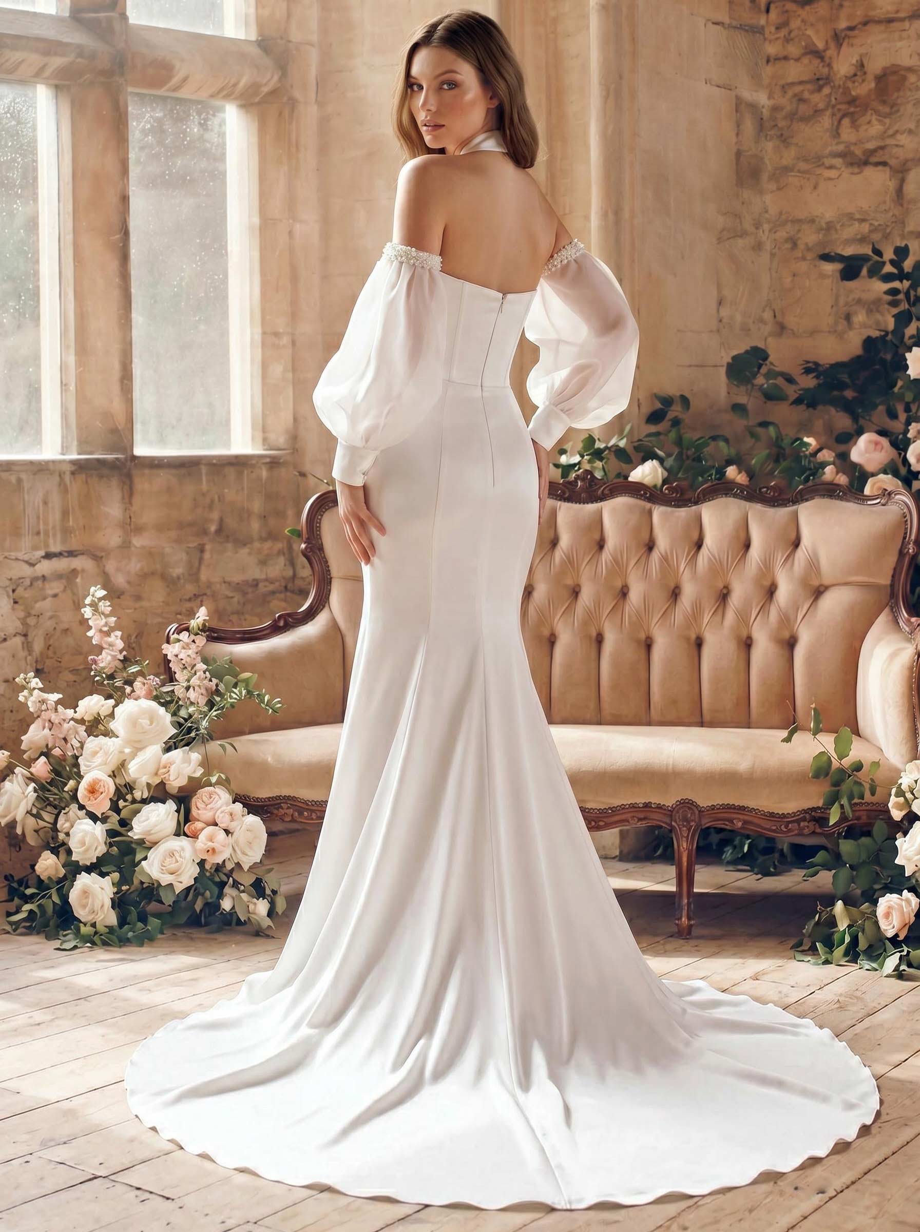Trumpet/Mermaid Off-The-Shoulder Long Sleeves Chapel Train Crepe Satin Wedding Dresses With Beading, image 2