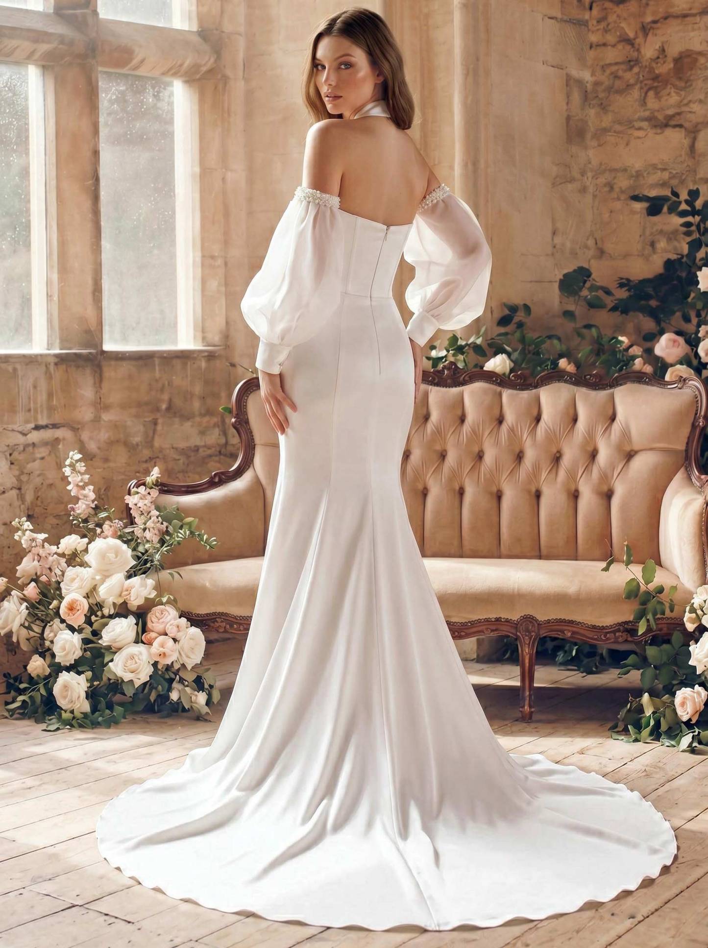 Trumpet/Mermaid Off-The-Shoulder Long Sleeves Chapel Train Crepe Satin Wedding Dresses With Beading, image 2