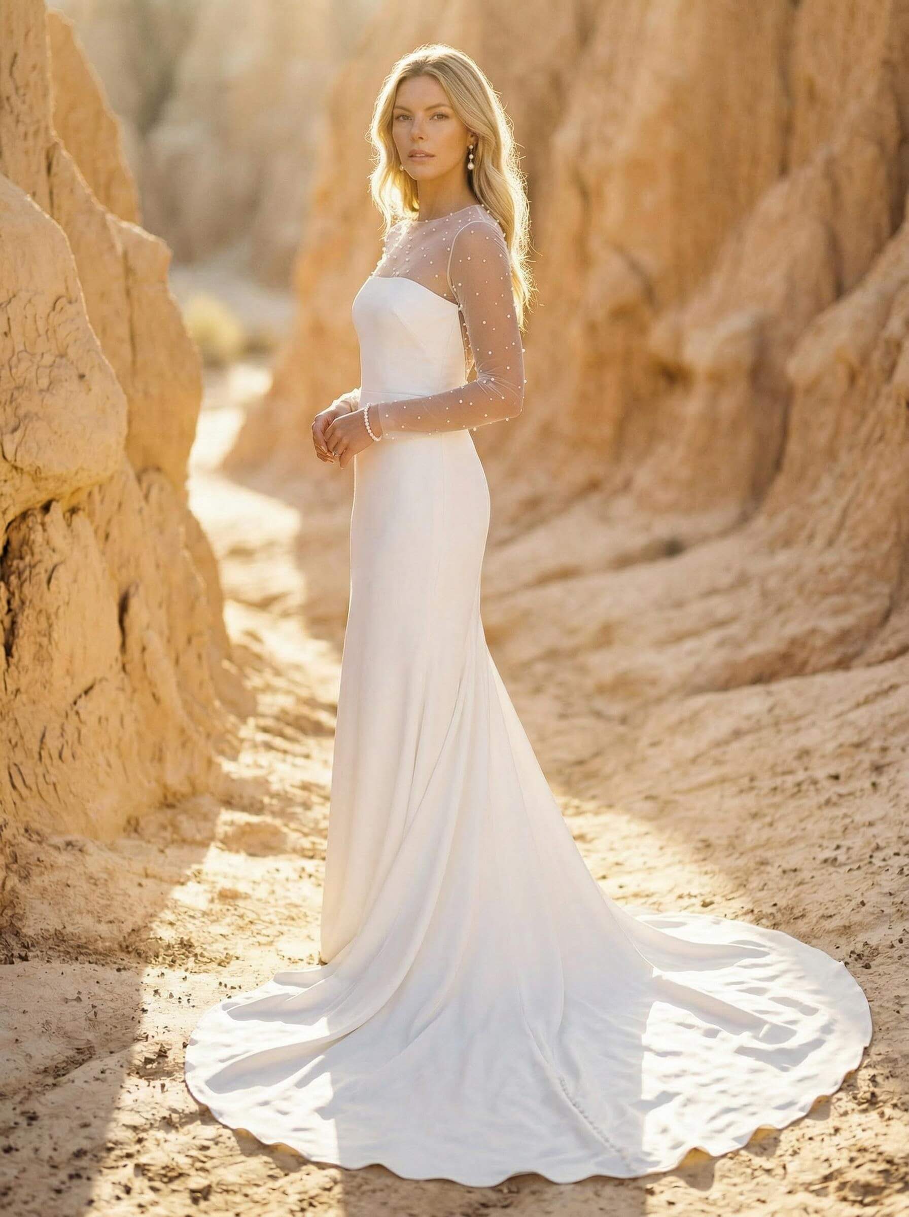 Sheath/Column Scoop Neck Long Sleeves Sweep Train Crepe Satin With Beading Wedding Dresses, image 2