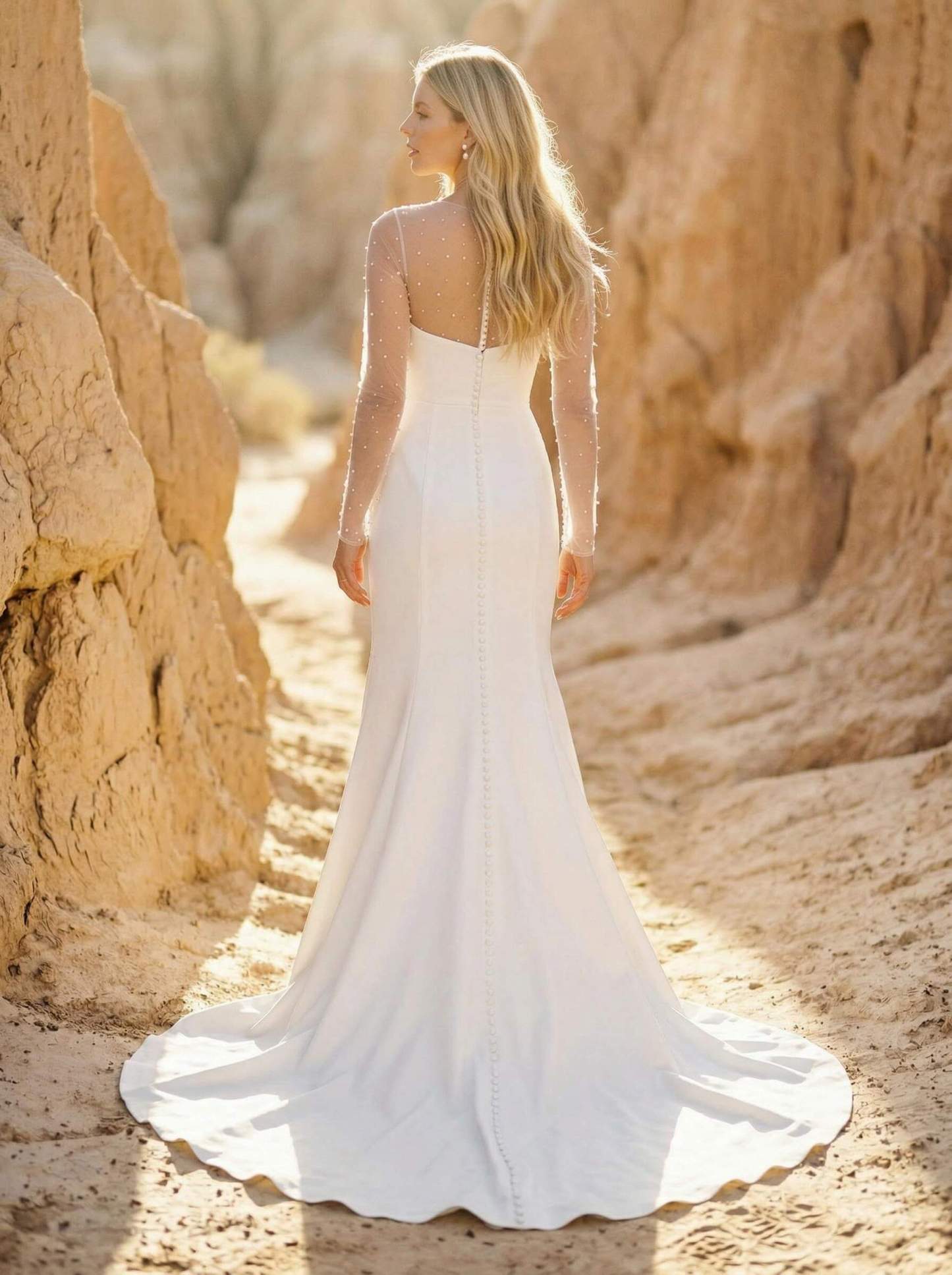 Sheath/Column Scoop Neck Long Sleeves Sweep Train Crepe Satin With Beading Wedding Dresses, image 3