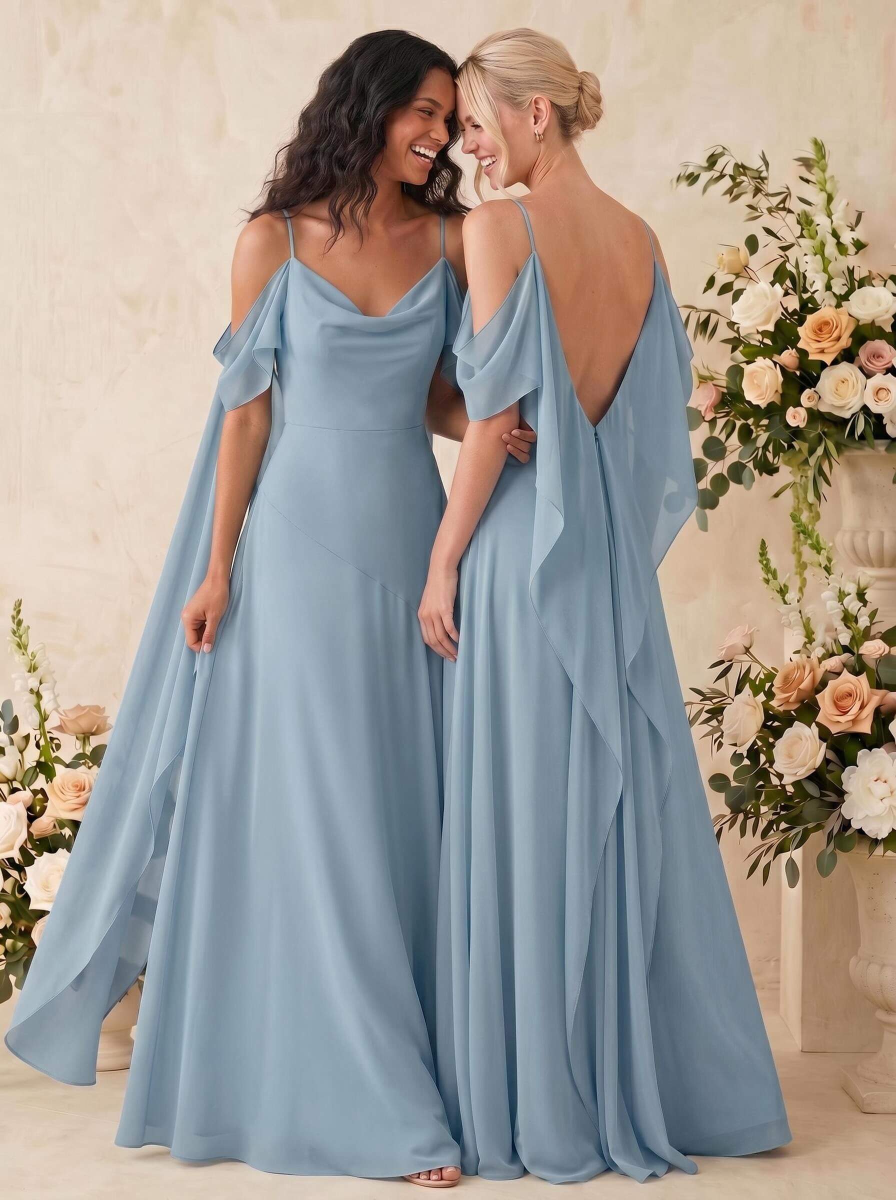 Sheath/Column Cowl Neck Sleeveless Floor-Length Chiffon Bridesmaid Dresses, image 7