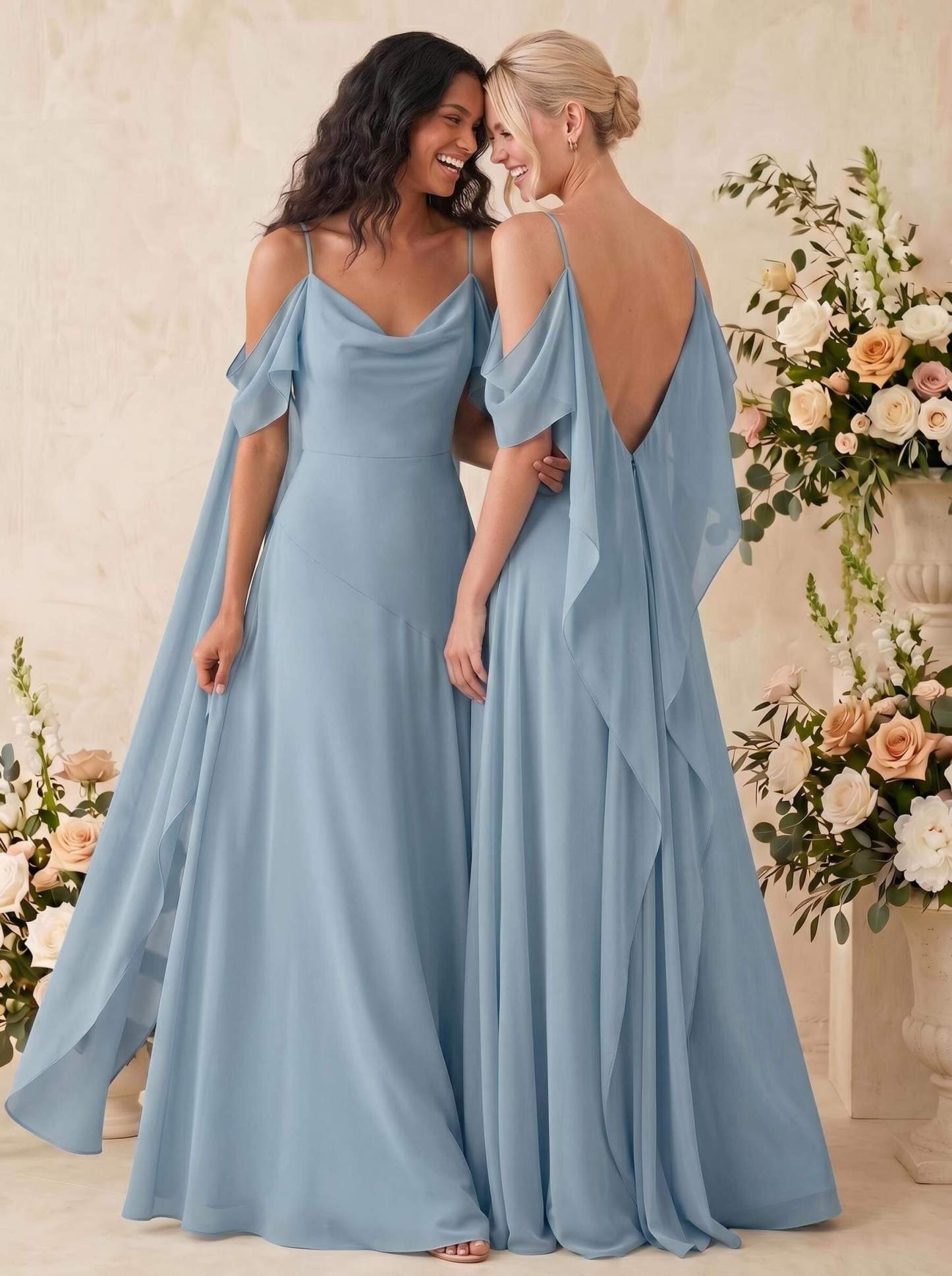 Sheath/Column Cowl Neck Sleeveless Floor-Length Chiffon Bridesmaid Dresses, image 7