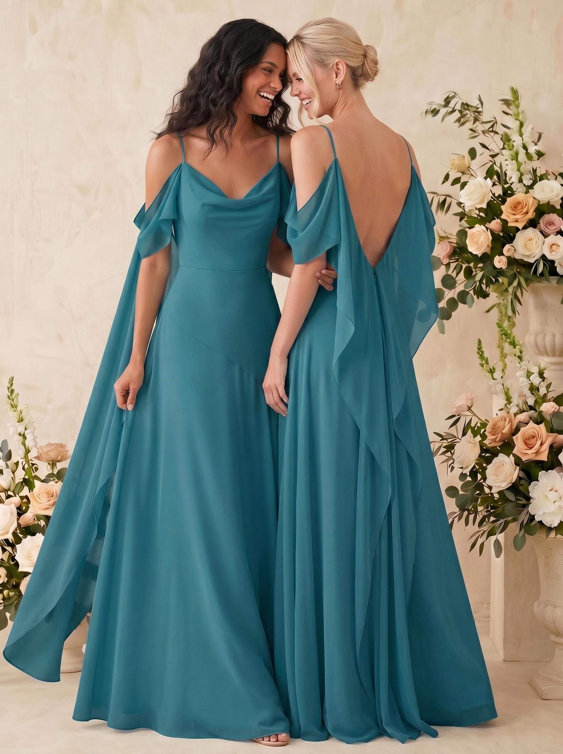 Sheath/Column Cowl Neck Sleeveless Floor-Length Chiffon Bridesmaid Dresses, image 10