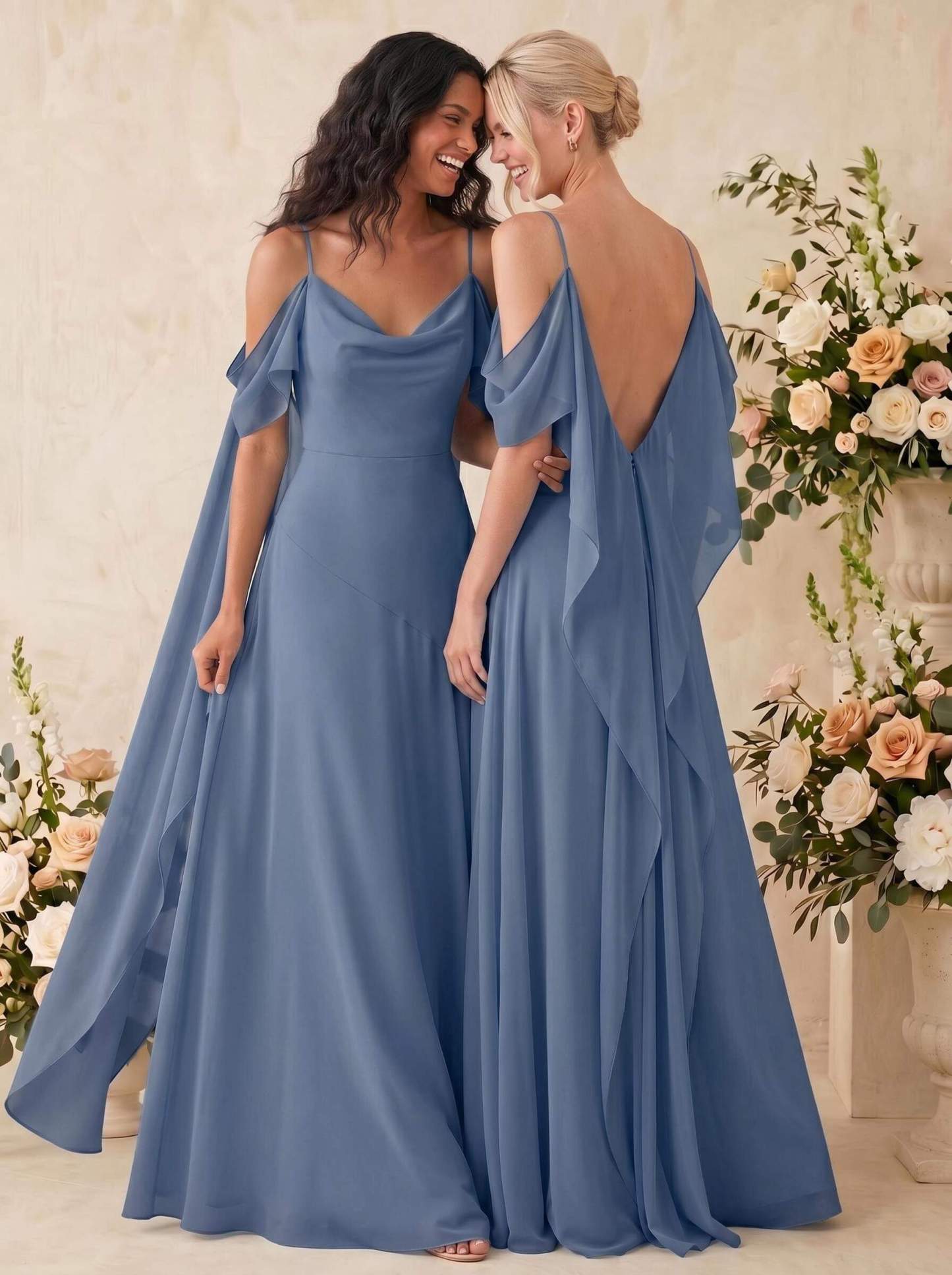 Sheath/Column Cowl Neck Sleeveless Floor-Length Chiffon Bridesmaid Dresses, image 8