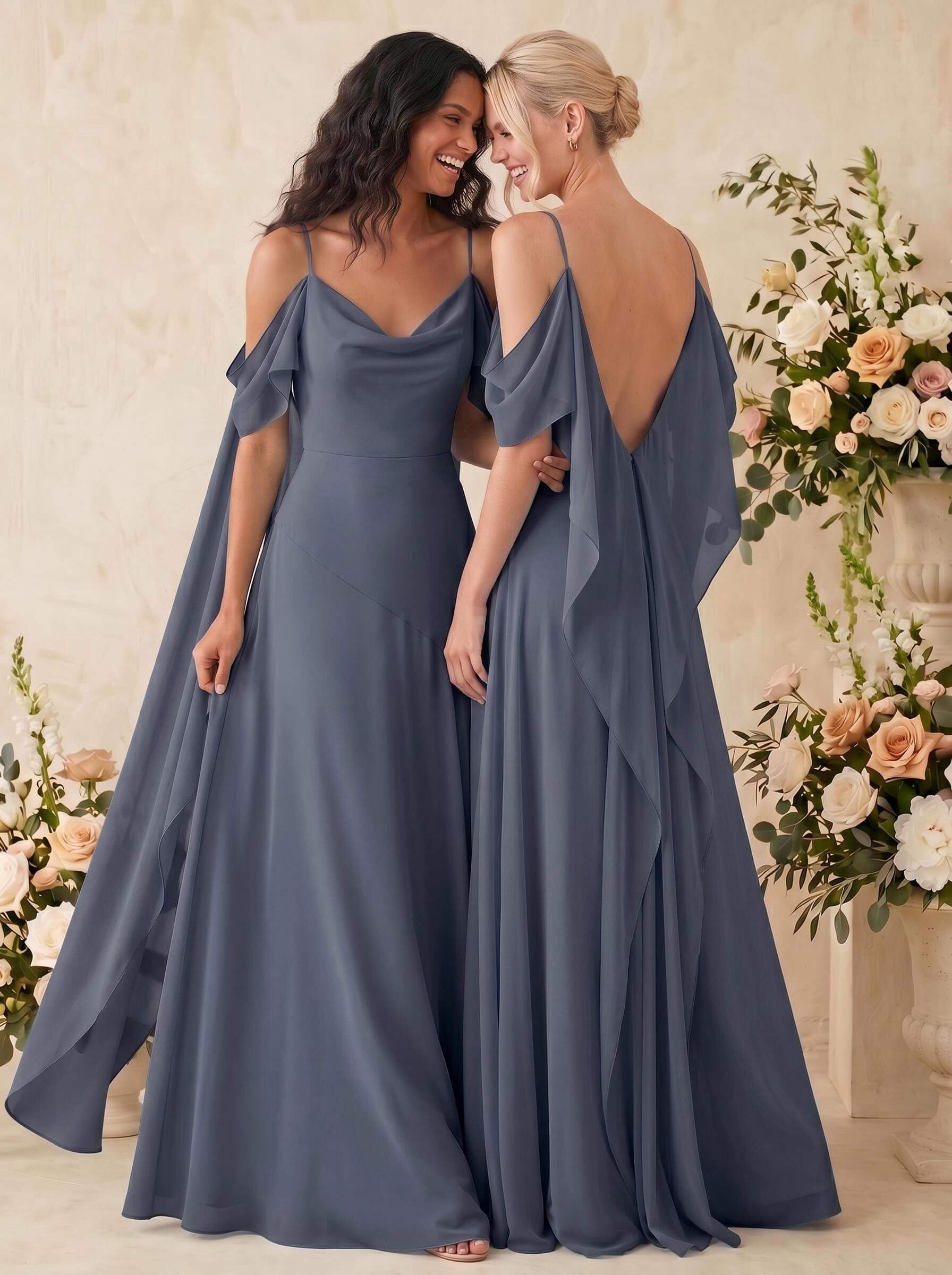 Sheath/Column Cowl Neck Sleeveless Floor-Length Chiffon Bridesmaid Dresses, image 9