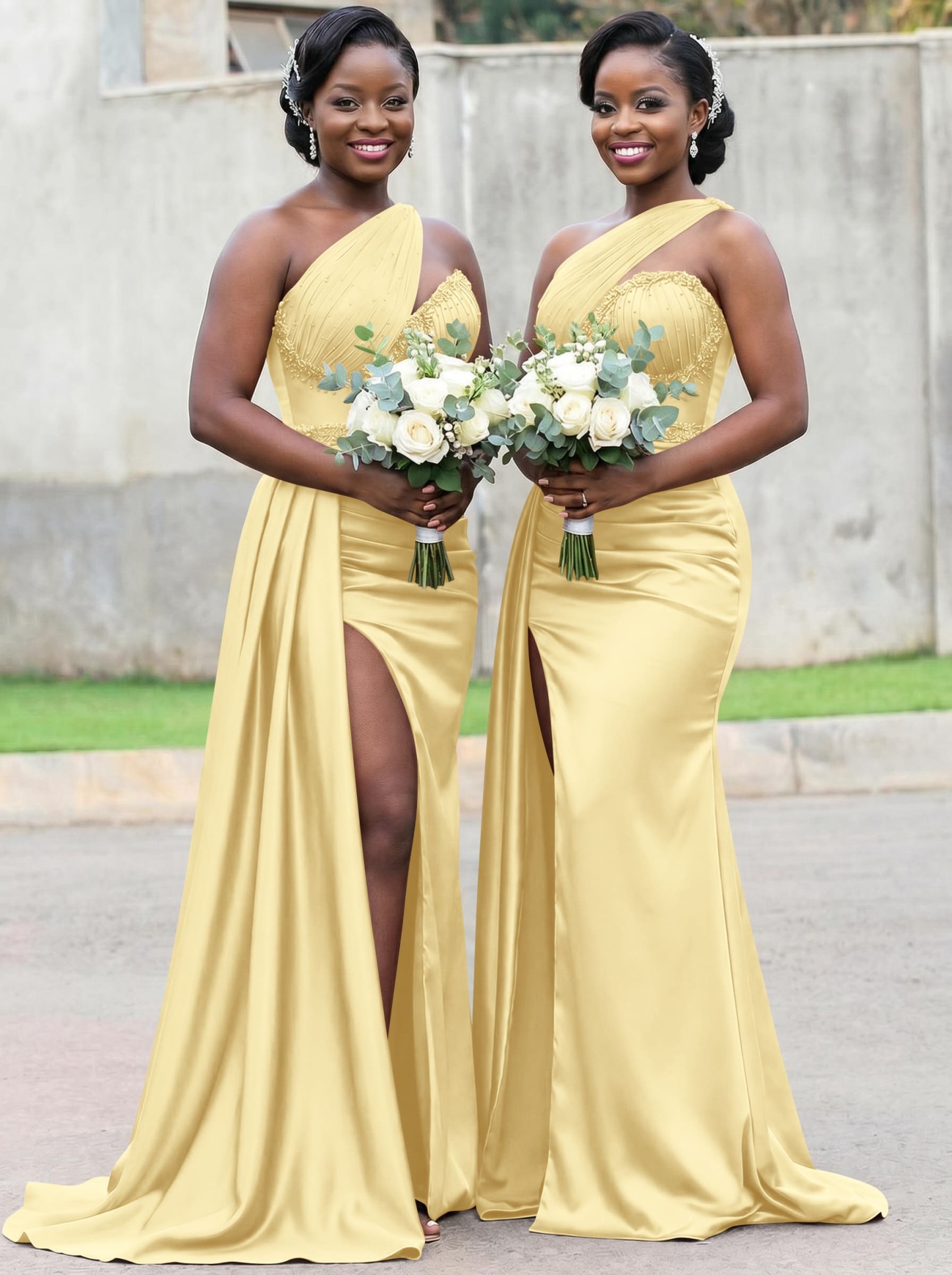 Trumpet/Mermaid Asymmetrical Sweep Train Charmeuse Bridesmaid Dresses With Rhinestone/High Split