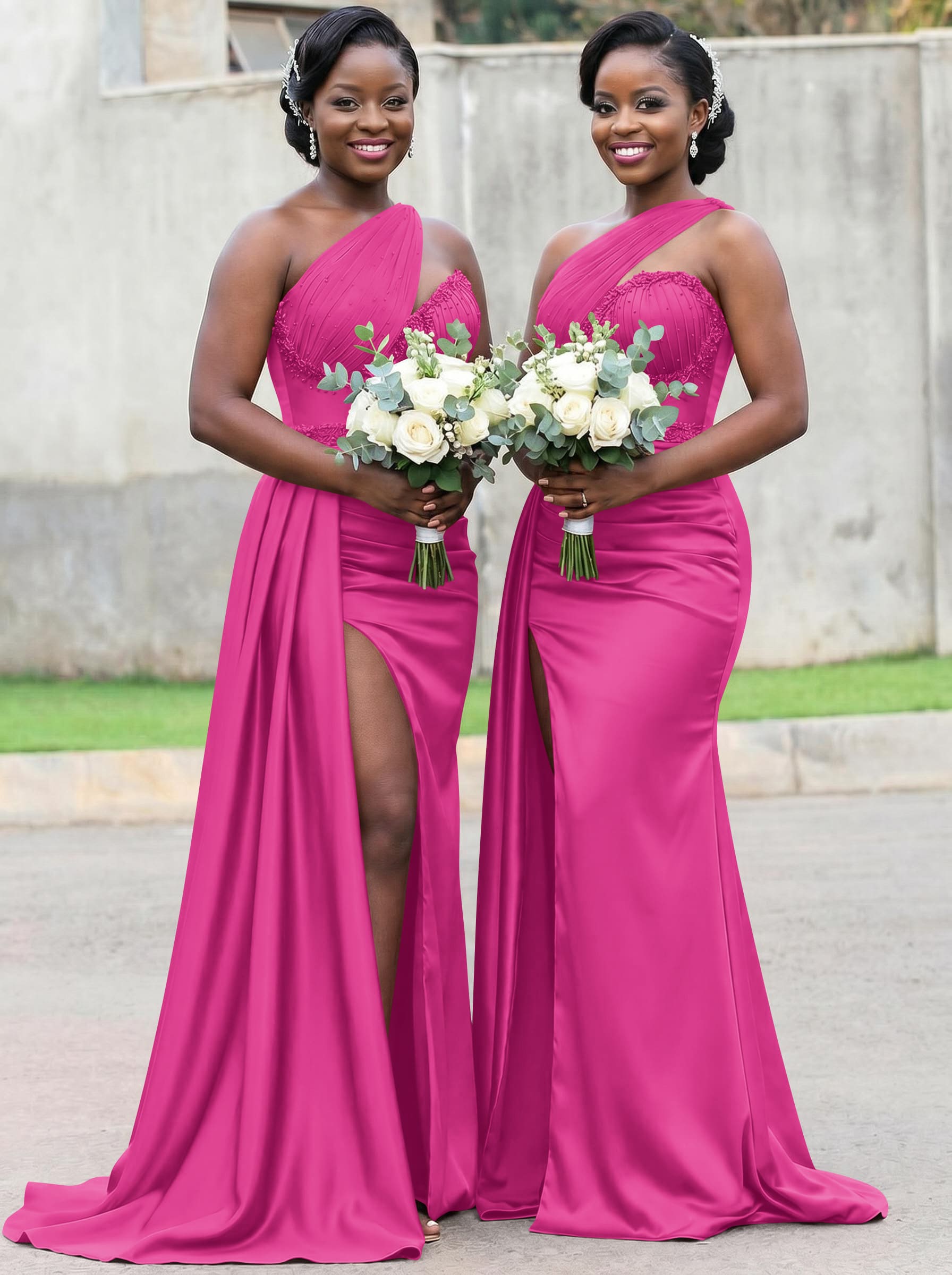 Trumpet/Mermaid Asymmetrical Sweep Train Charmeuse Bridesmaid Dresses With Rhinestone/High Split
