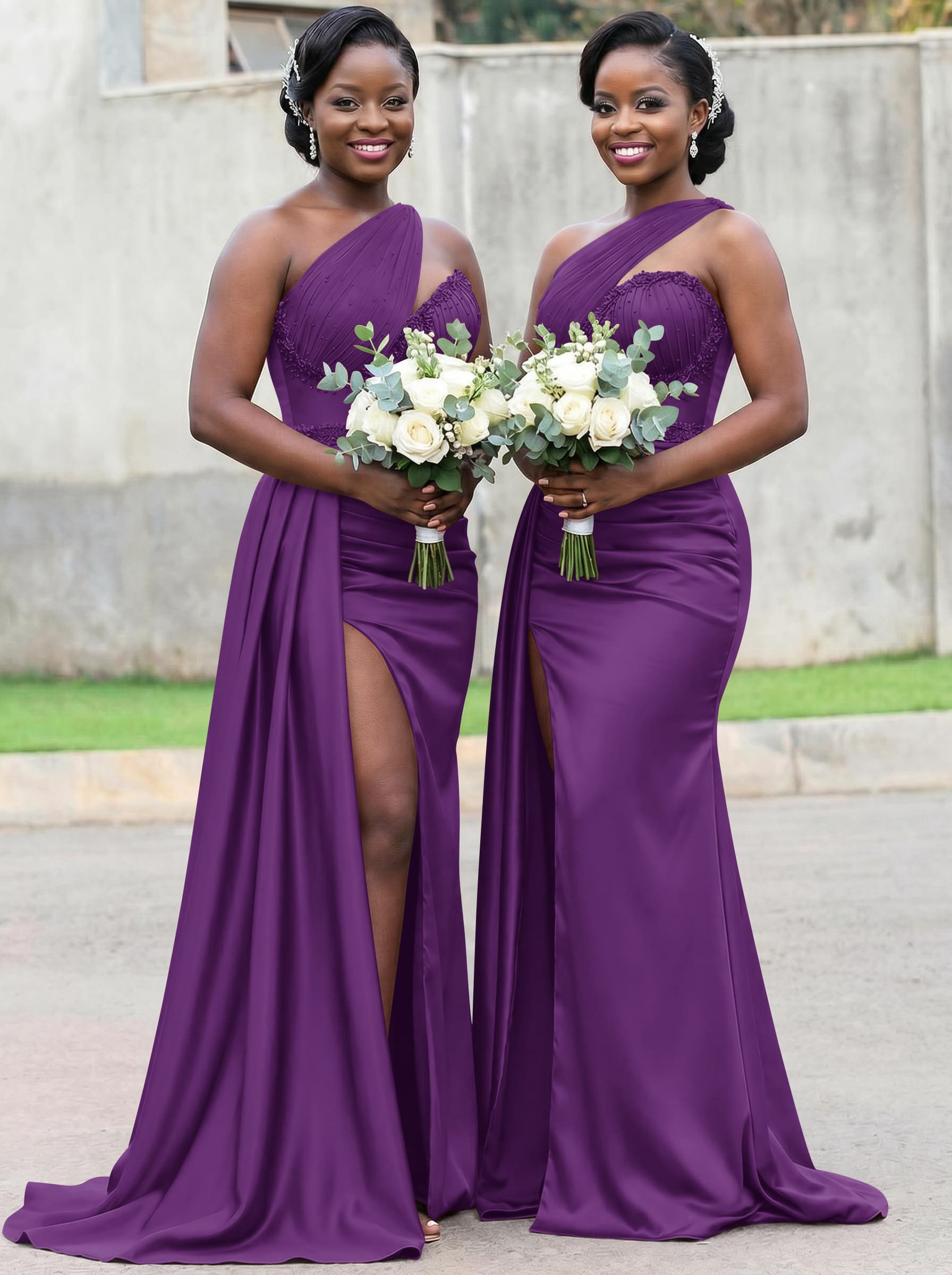 Trumpet/Mermaid Asymmetrical Sweep Train Charmeuse Bridesmaid Dresses With Rhinestone/High Split