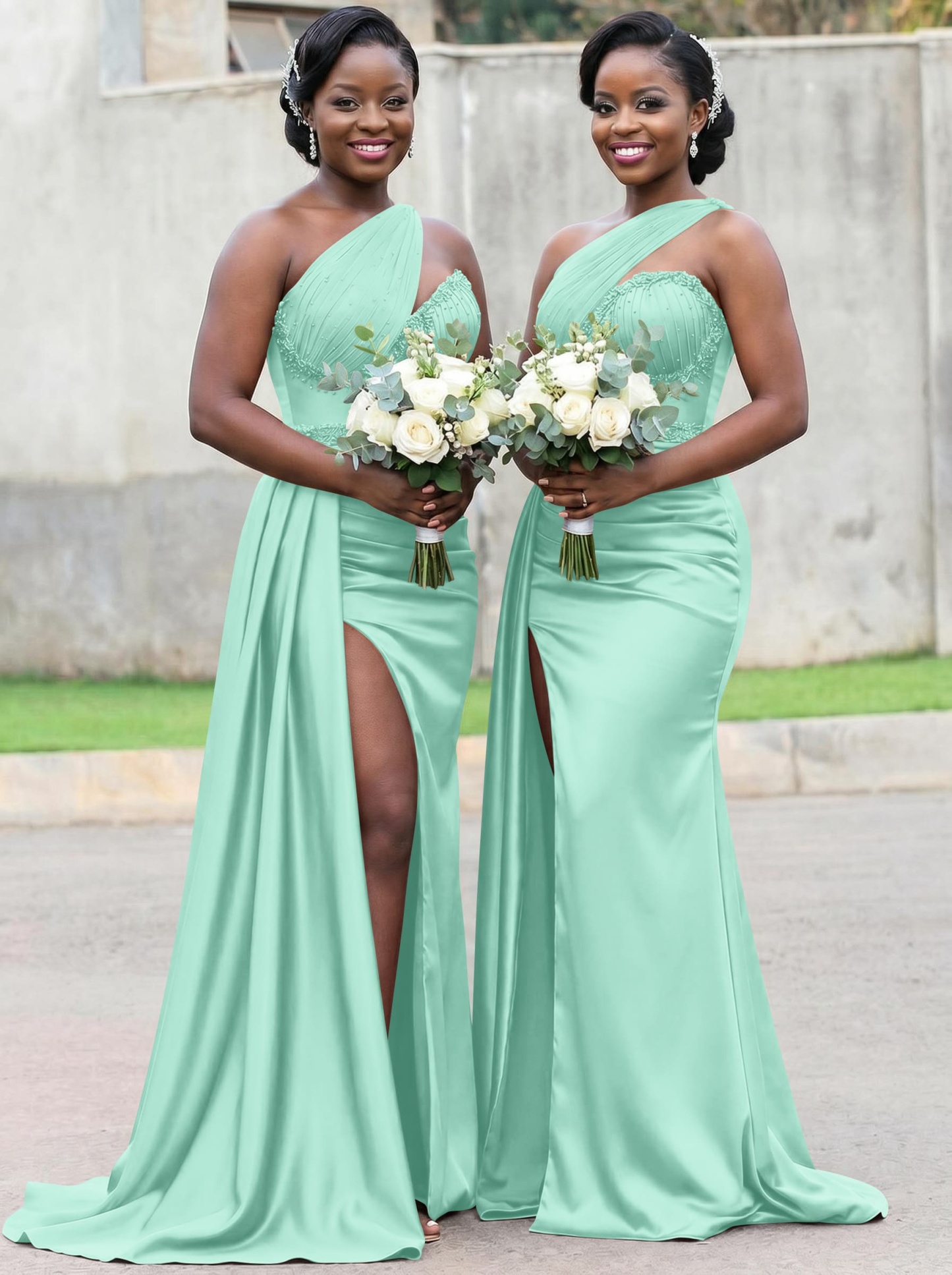 Trumpet/Mermaid Asymmetrical Sweep Train Charmeuse Bridesmaid Dresses With Rhinestone/High Split