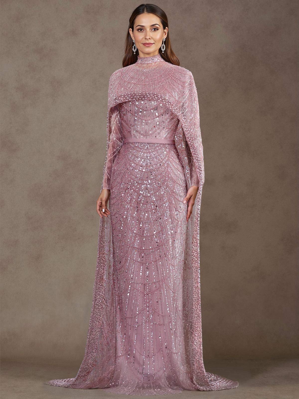 Sheath Column High Neck Long Sleeves Sweep Train Lace Satin Tulle Mother Of The Bride Dresses