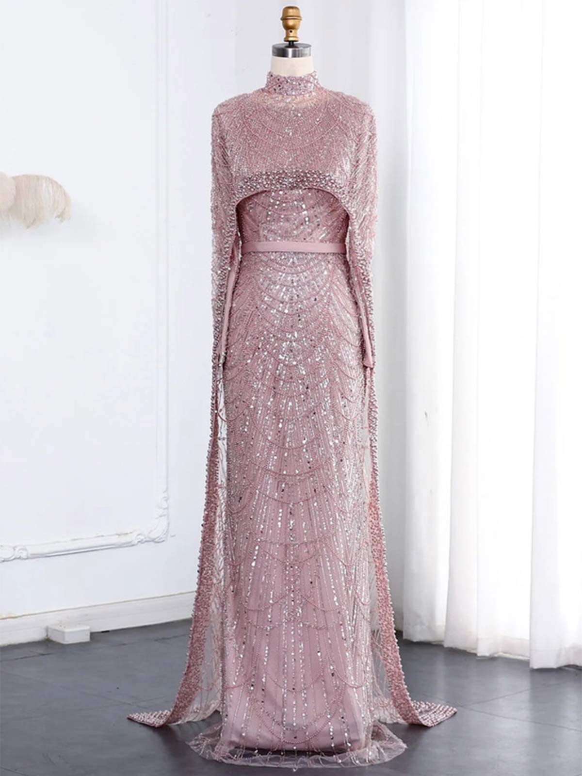 Sheath Column High Neck Long Sleeves Sweep Train Lace Satin Tulle Mother Of The Bride Dresses
