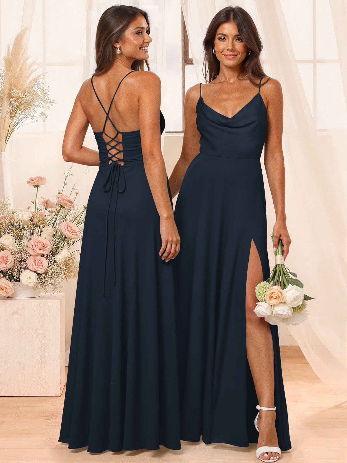 A-Line Cowl Neck Sleeveless Floor-Length Chiffon Bridesmaid Dresses With Split Front