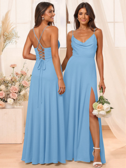 A-Line Cowl Neck Sleeveless Floor-Length Chiffon Bridesmaid Dresses With Split Front