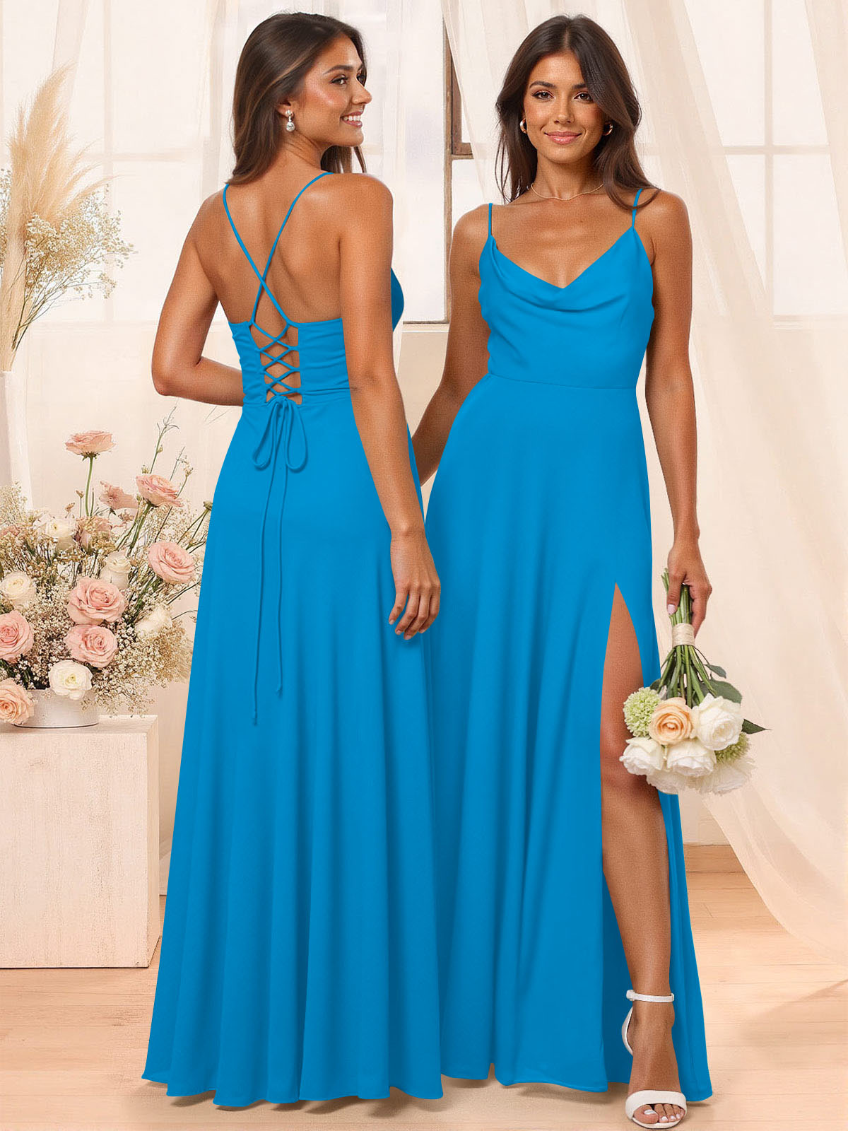 A-Line Cowl Neck Sleeveless Floor-Length Chiffon Bridesmaid Dresses With Split Front