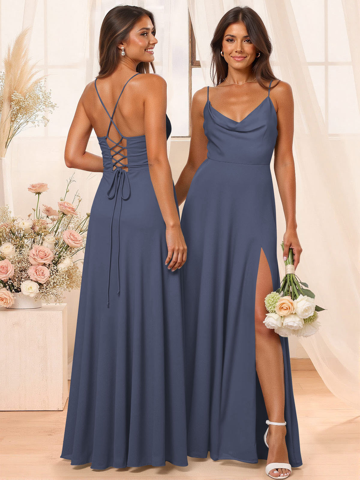 A-Line Cowl Neck Sleeveless Floor-Length Chiffon Bridesmaid Dresses With Split Front