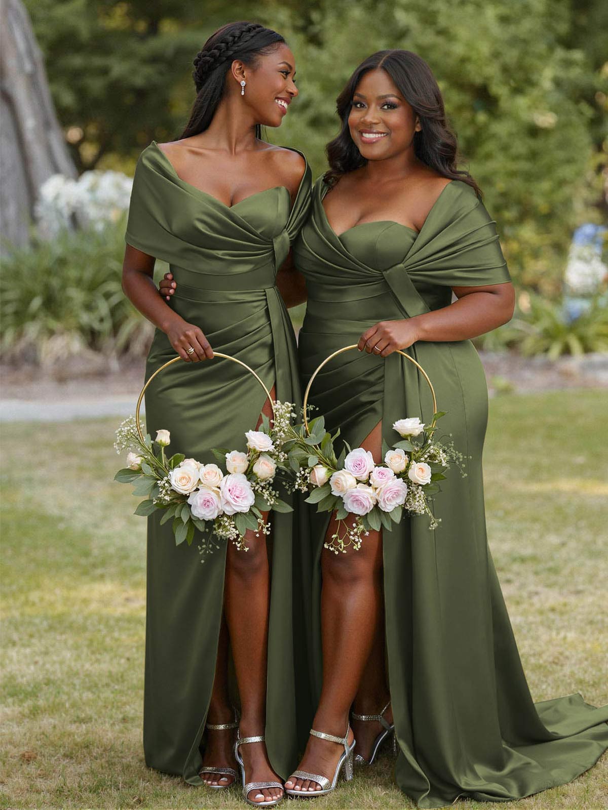 Trumpet Mermaid Sweetheart Cape Sleeves Sweep Train Silk Like Satin Bridesmaid Dresses With Sweeping Side Drape in Olive Green, US2