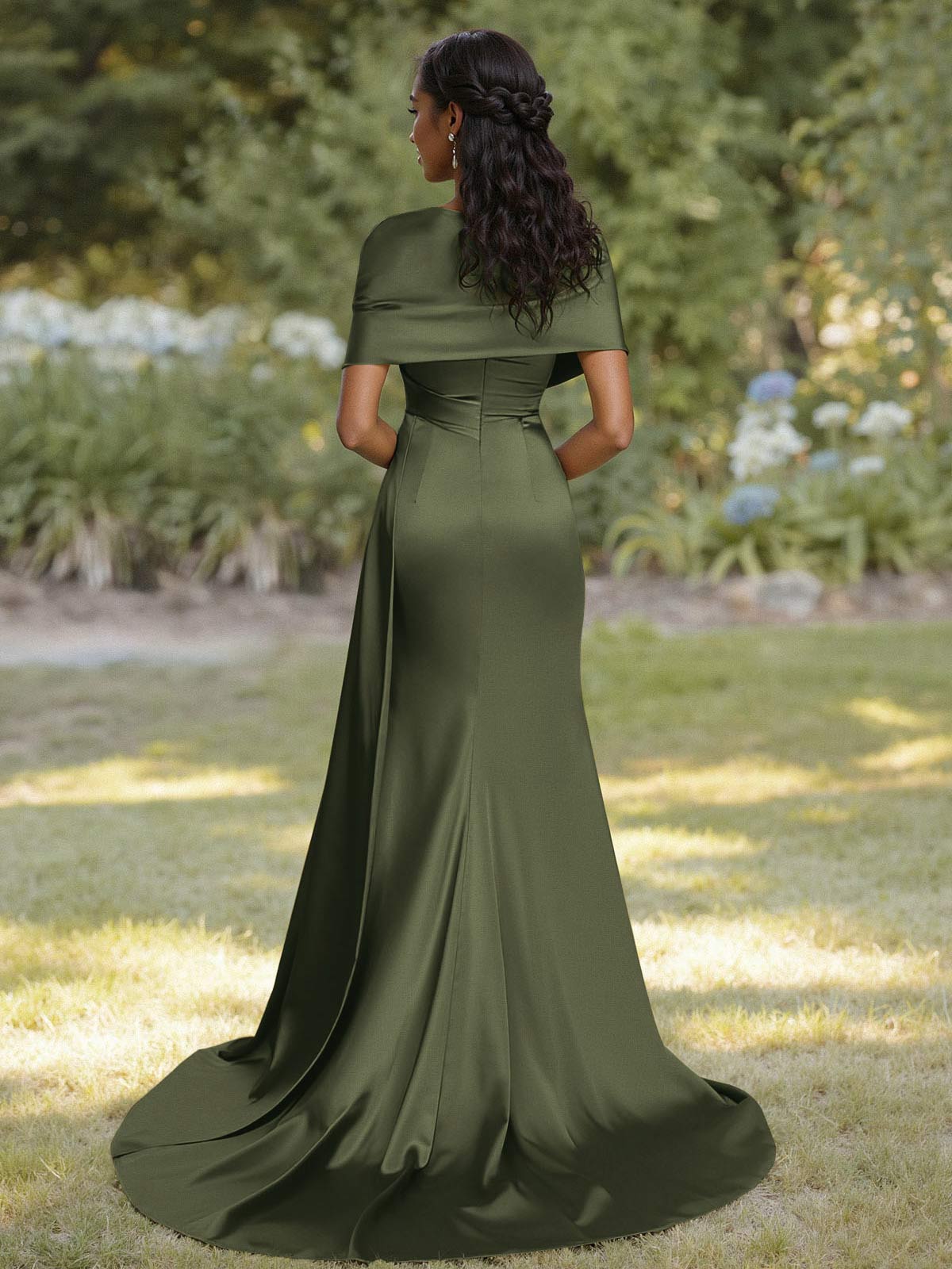 Trumpet Mermaid Sweetheart Cape Sleeves Sweep Train Silk Like Satin Bridesmaid Dresses With Sweeping Side Drape, product image 2