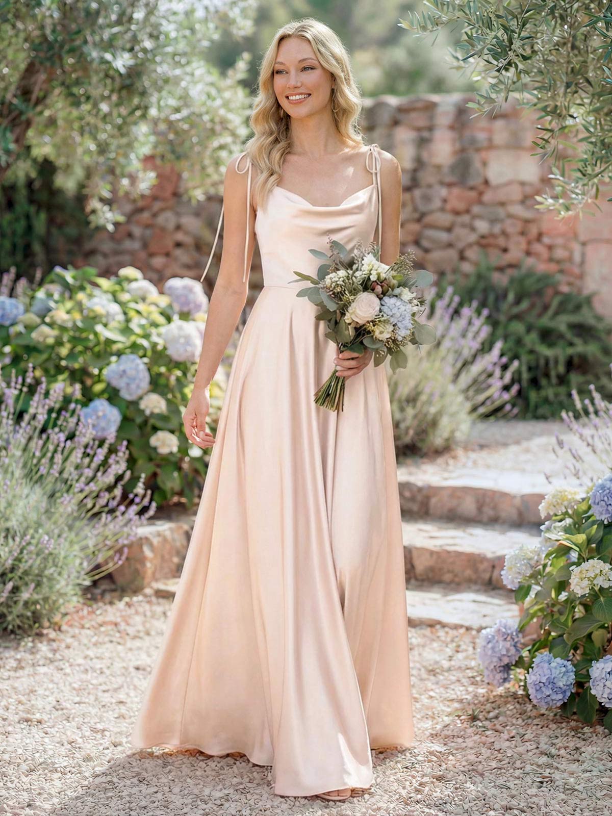 A-Line Cowl Neck Sexy Spaghetti Straps Silk Like Satin Bridesmaid Dresses With High Split
