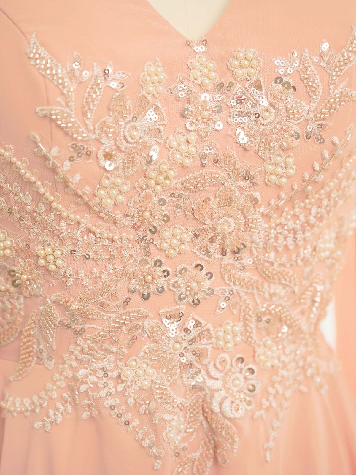 A-Line V-Neck Long Sleeves Floor-Length Chiffon Mother Of The Bride Dresses With Appliques Lace, image 6