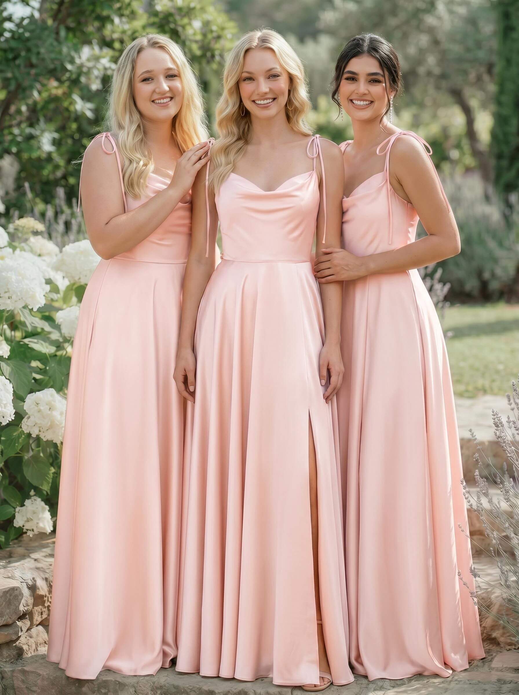 A-Line Cowl Neck Sexy Spaghetti Straps Silk Like Satin Bridesmaid Dresses With High Split