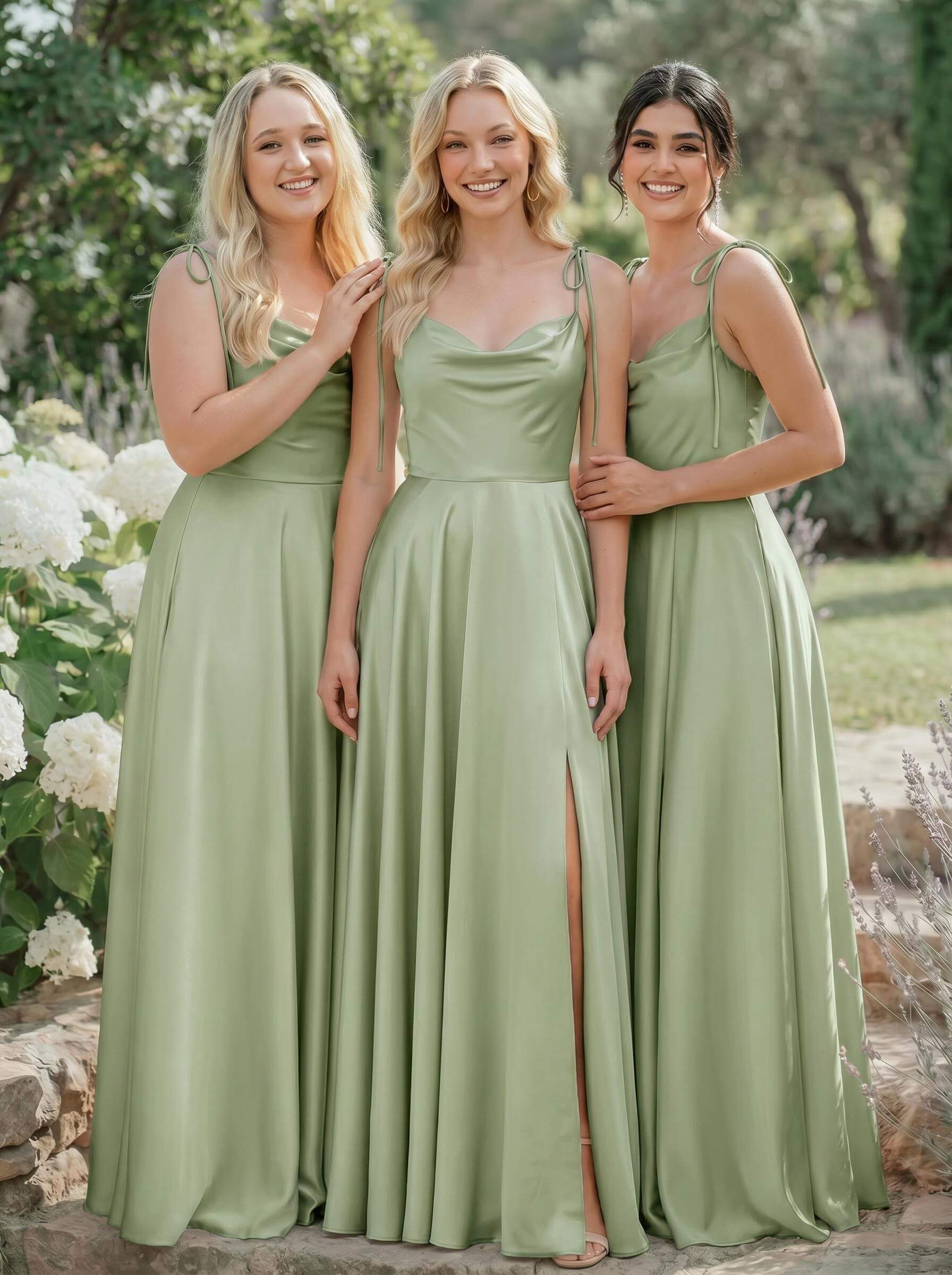 A-Line Cowl Neck Sexy Spaghetti Straps Silk Like Satin Bridesmaid Dresses With High Split