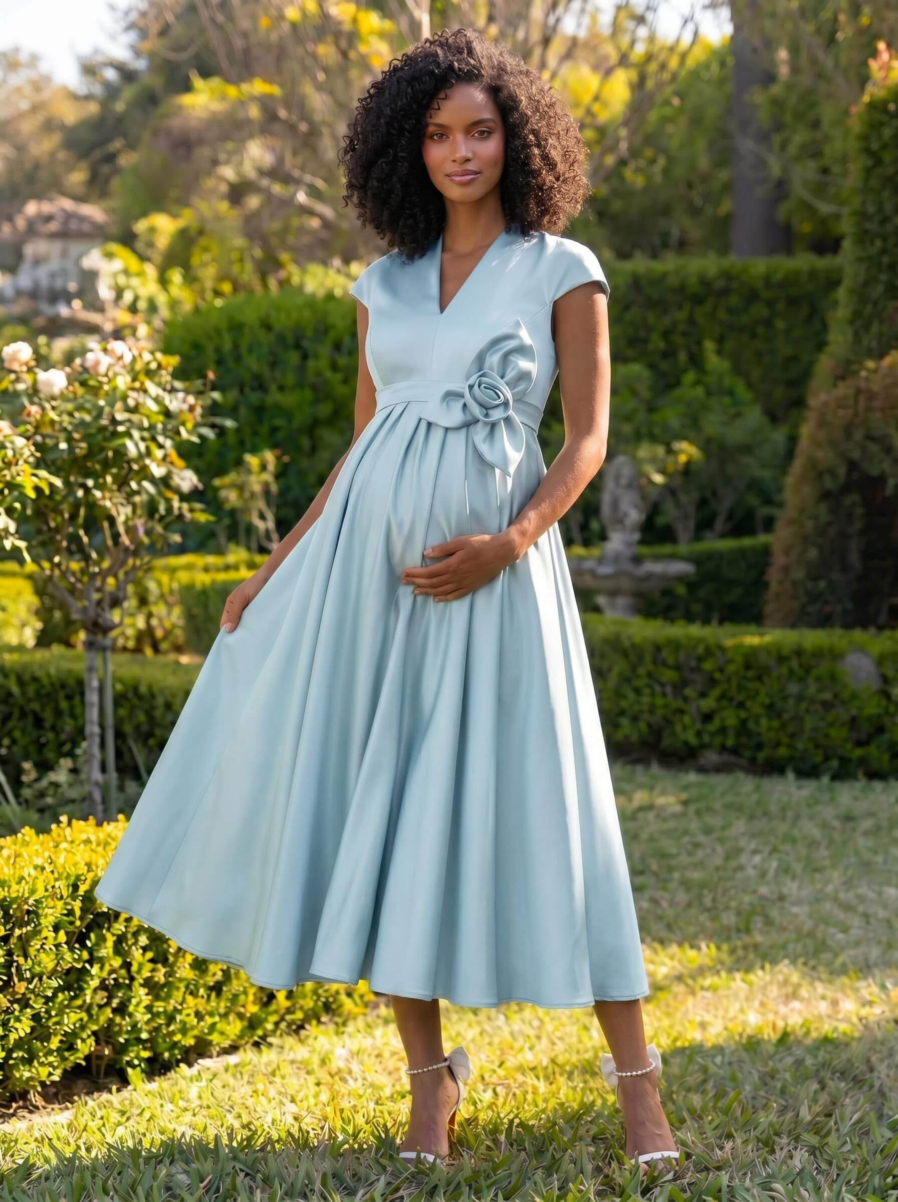A-Line V-Neck Short Sleeves Tea-Length Satin Maternity Bridesmaid Dresses With Flower(s)