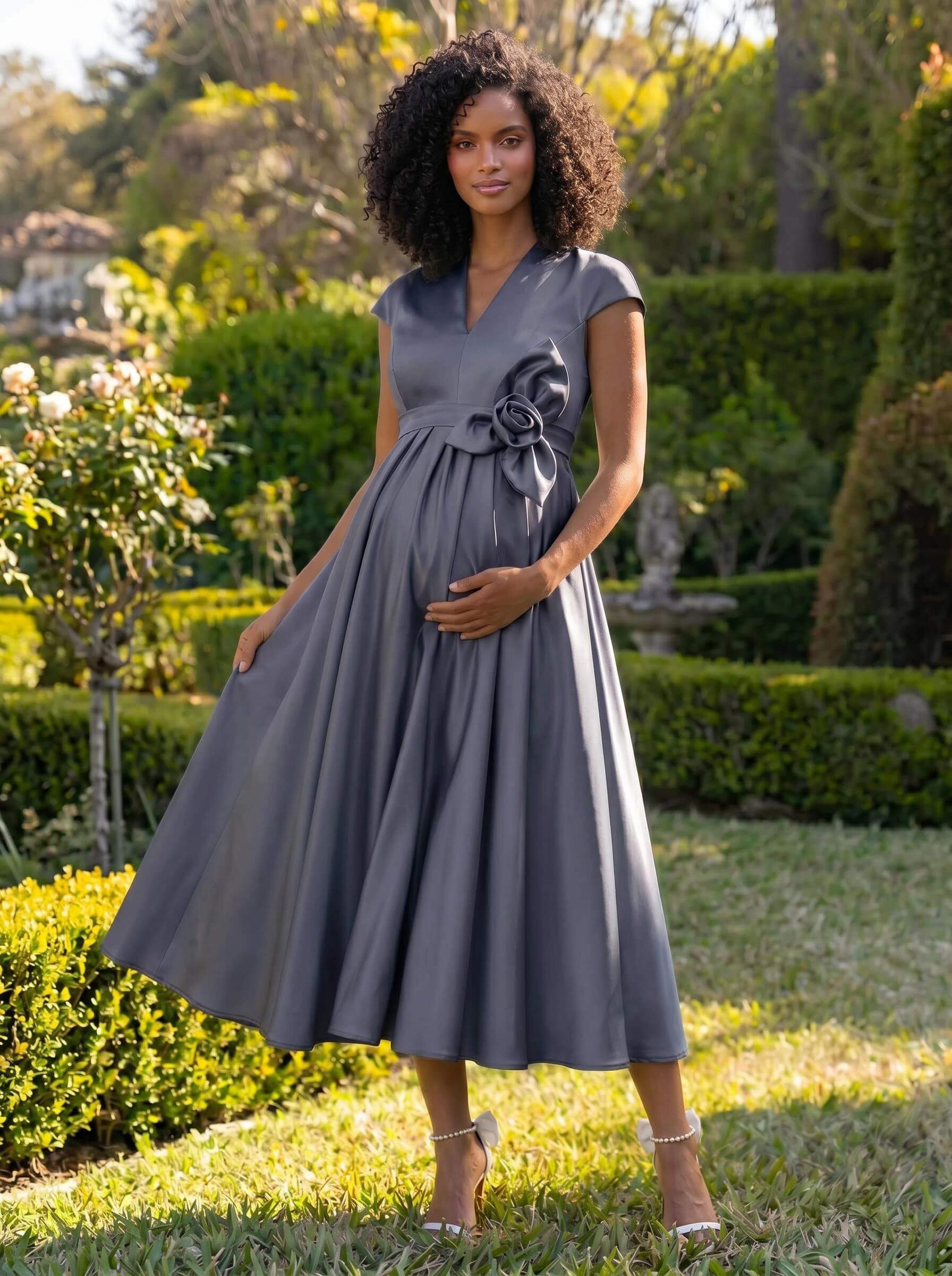 A-Line V-Neck Short Sleeves Tea-Length Satin Maternity Bridesmaid Dresses With Flower(s)