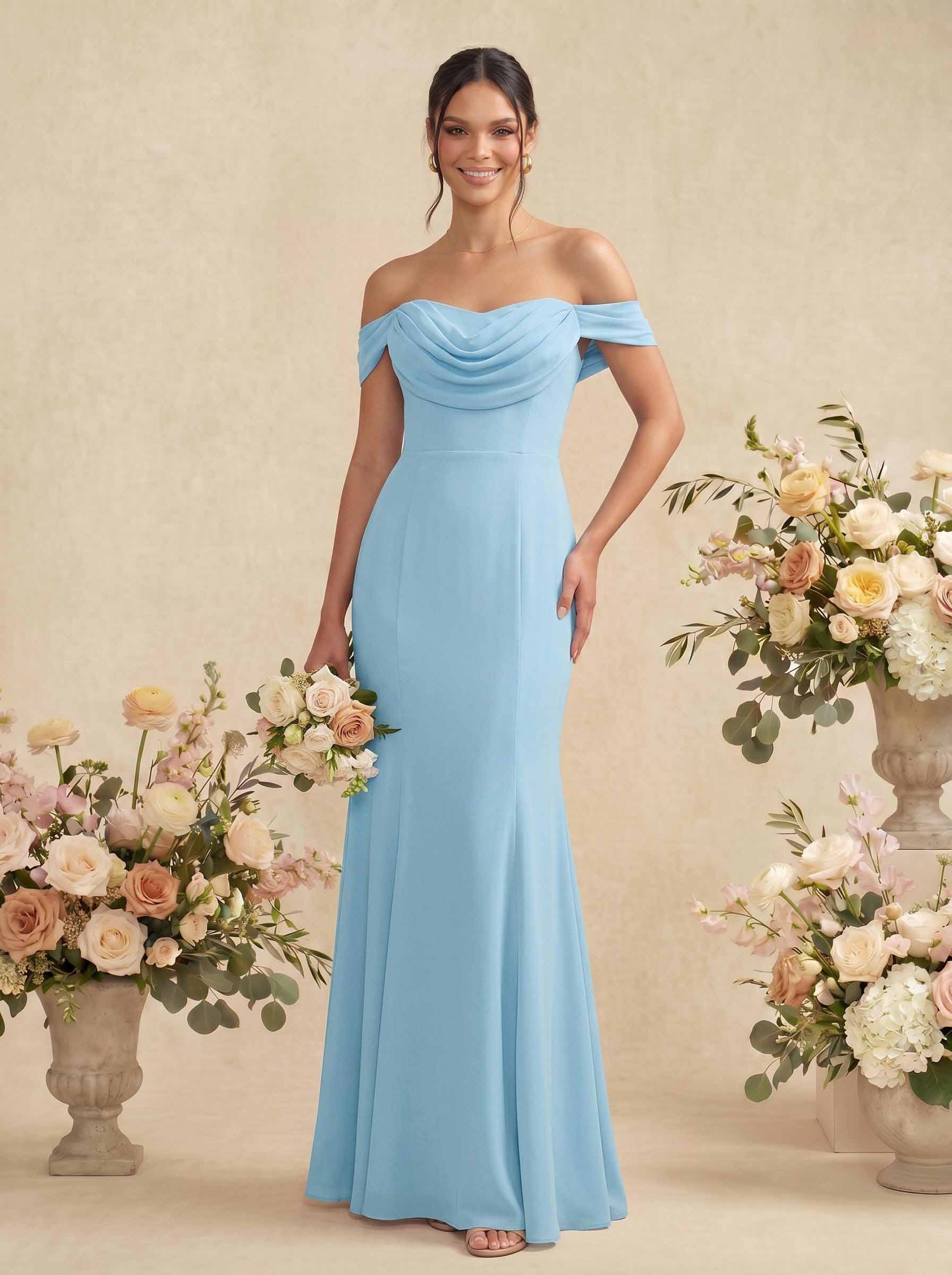 Elegant Ruched Cowl Neck Off-The-Shoulder Mermaid Chiffon Bridesmaid Dresses in Sky Blue, US2