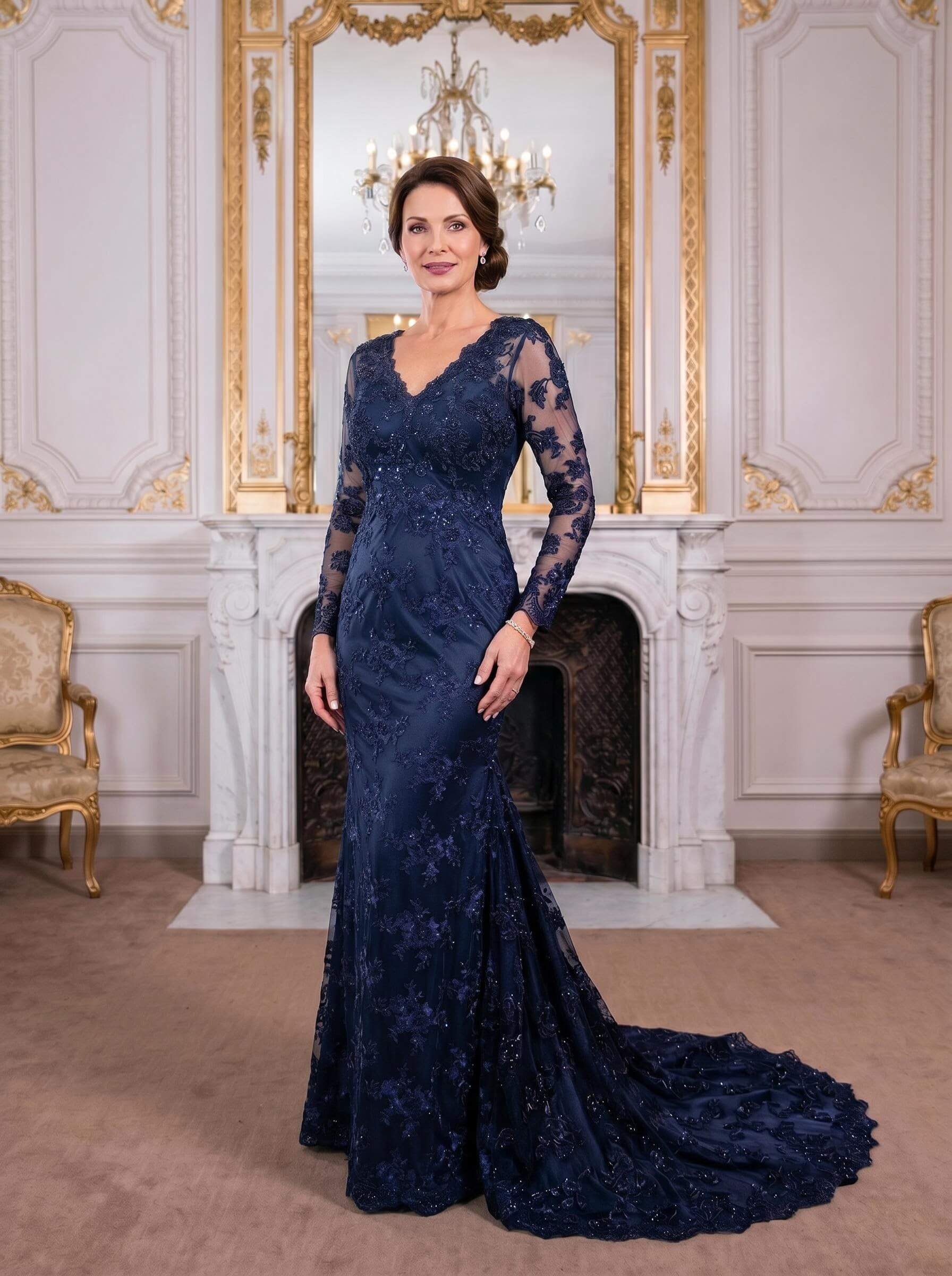 Exquisite Plunge Neck Trumpet Floral Embroidered Mother Of The Bride Dresses