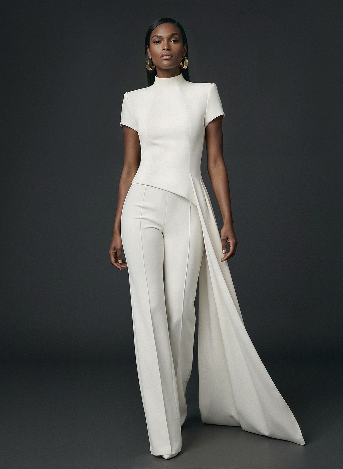 High Neck Short Sleeves Floor-Length Elastic Satin Evening Jumpsuit With Sweeping Side Drape