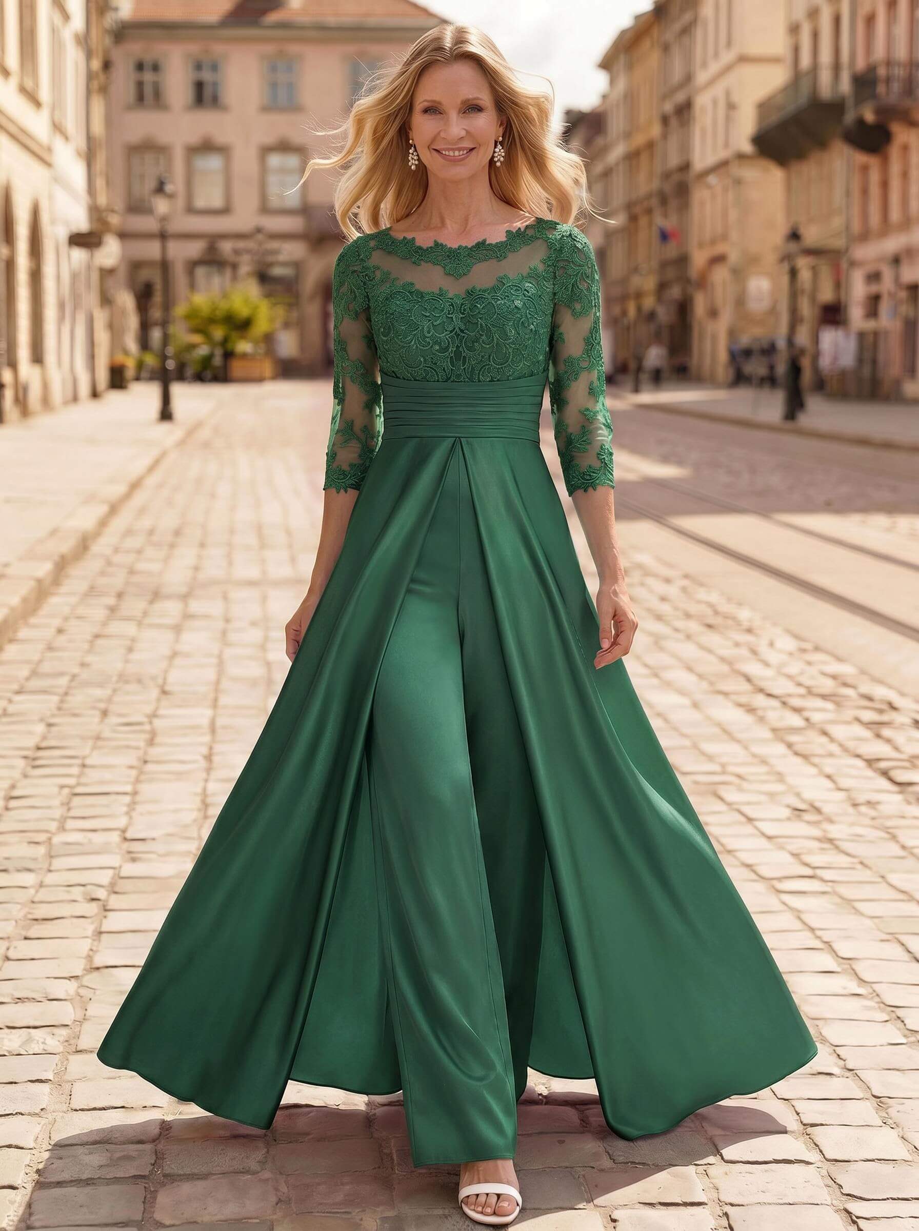 Jumpsuit/Pantsuit Scoop Neck 3/4 Sleeves Floor-Length Crepe Satin Mother Of The Bride Dresses