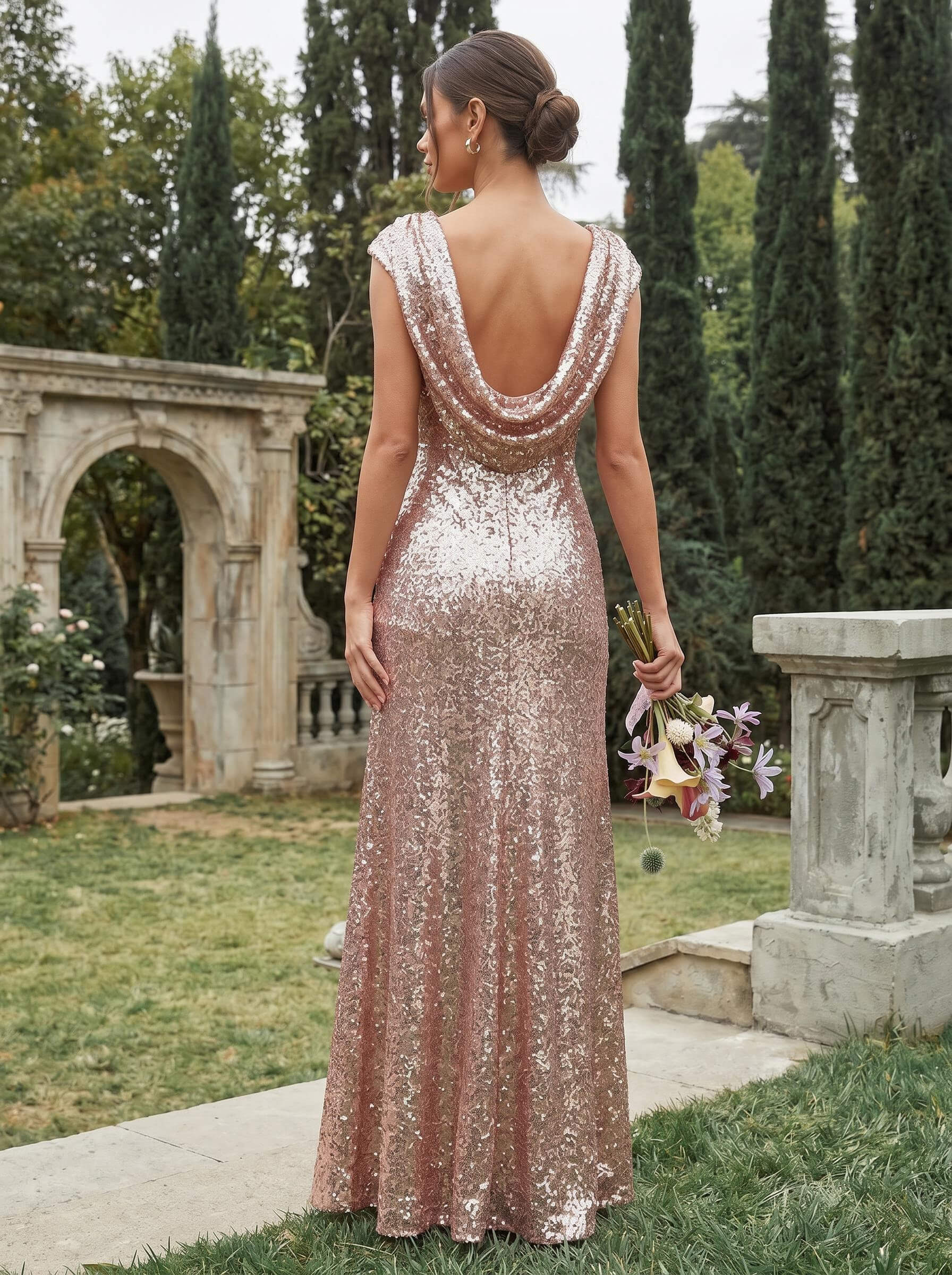 Sheath/Column Scoop Neck Cowl Back Sequined Bridesmaid Dresses, image 1