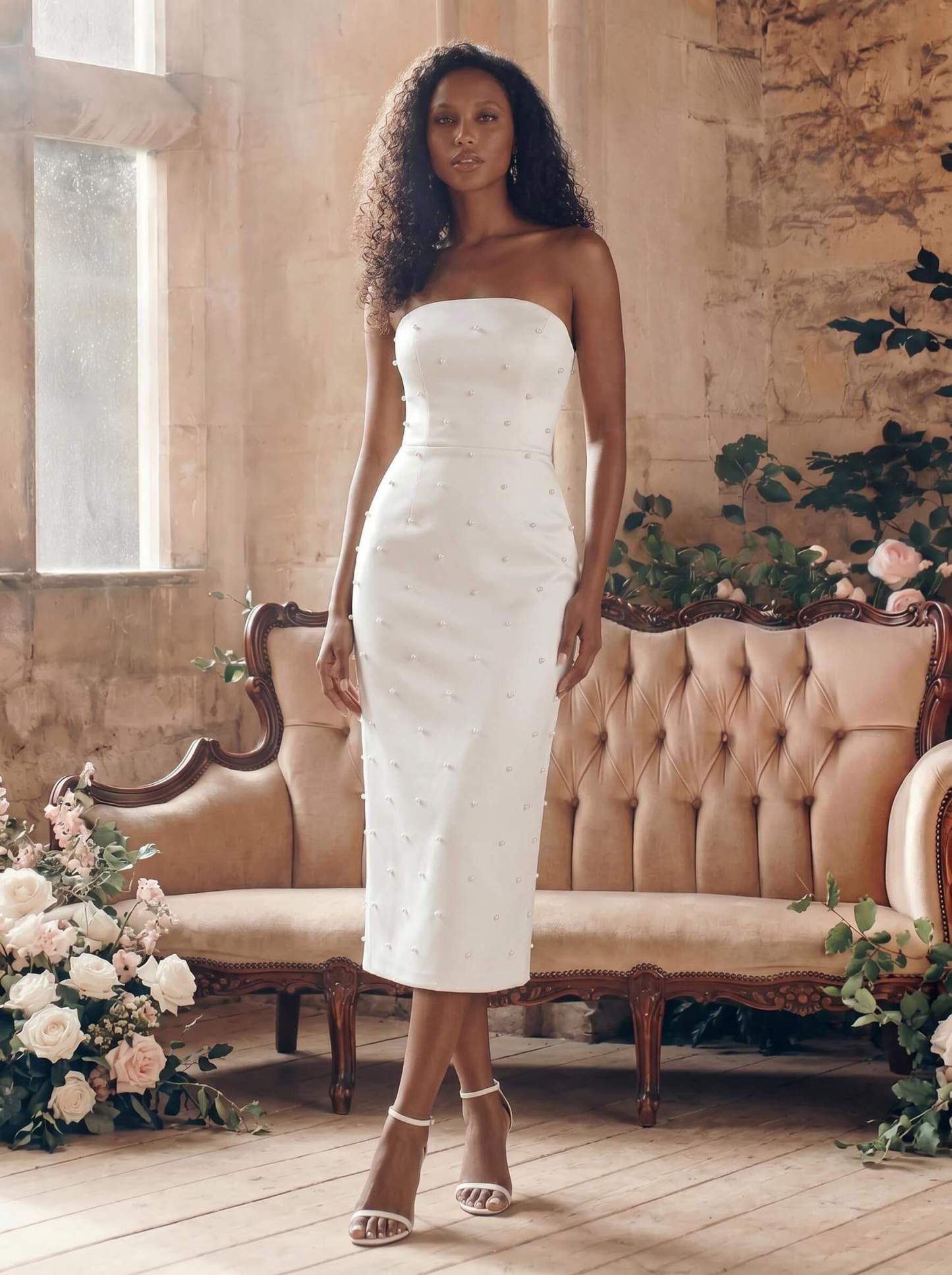 Minimalistic Beaded Strapless Bow Accented Back Wedding Dresses With Back Slit in Ivory, US2