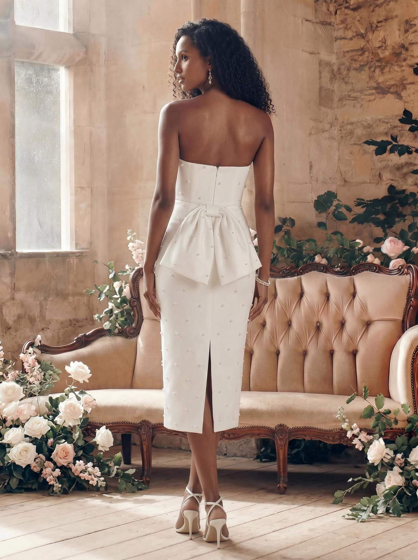 Minimalistic Beaded Strapless Bow Accented Back Wedding Dresses With Back Slit, image 2
