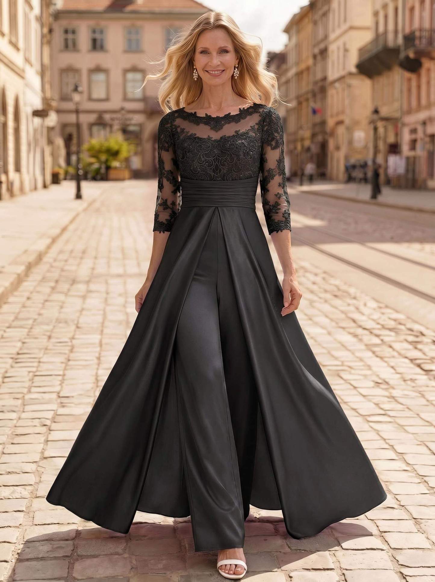 Jumpsuit/Pantsuit Scoop Neck 3/4 Sleeves Floor-Length Crepe Satin Mother Of The Bride Dresses