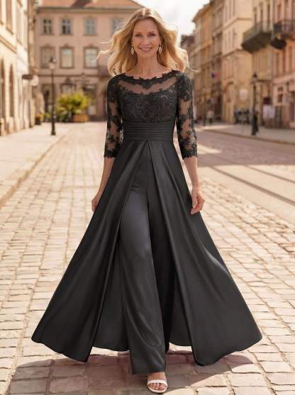 Jumpsuit/Pantsuit Scoop Neck 3/4 Sleeves Floor-Length Crepe Satin Mother Of The Bride Dresses