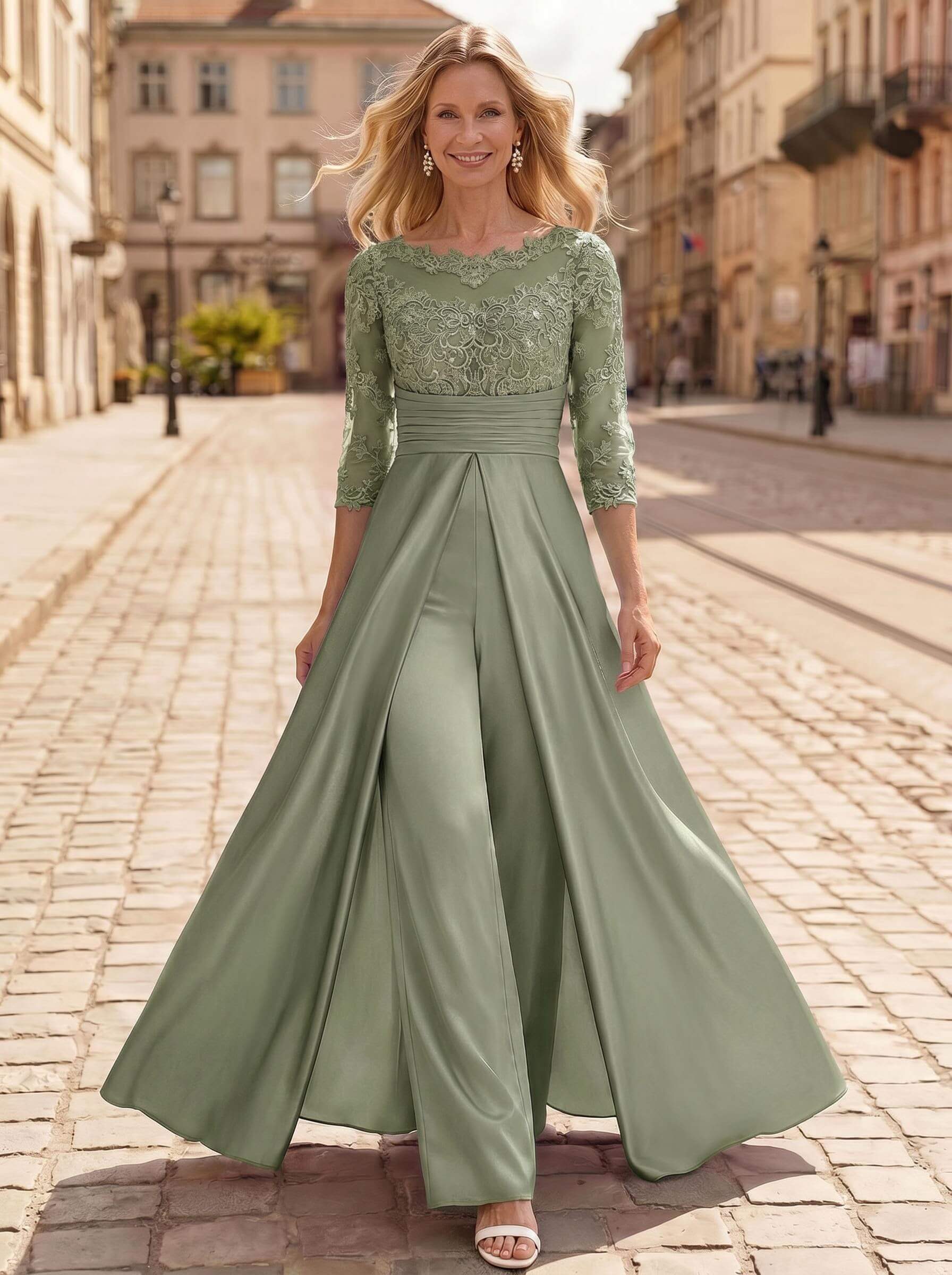 Jumpsuit/Pantsuit Scoop Neck 3/4 Sleeves Floor-Length Crepe Satin Mother Of The Bride Dresses