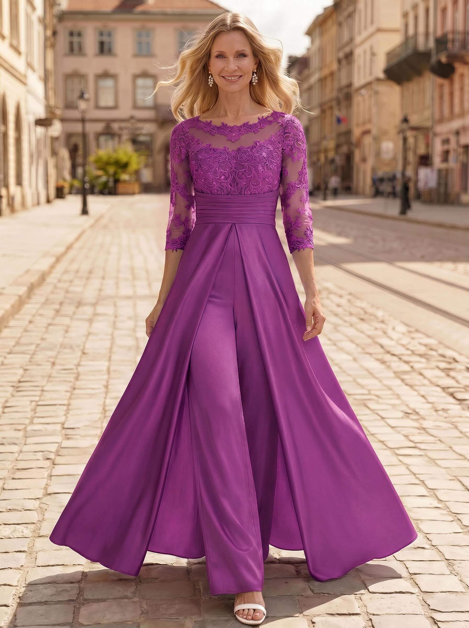 Jumpsuit/Pantsuit Scoop Neck 3/4 Sleeves Floor-Length Crepe Satin Mother Of The Bride Dresses