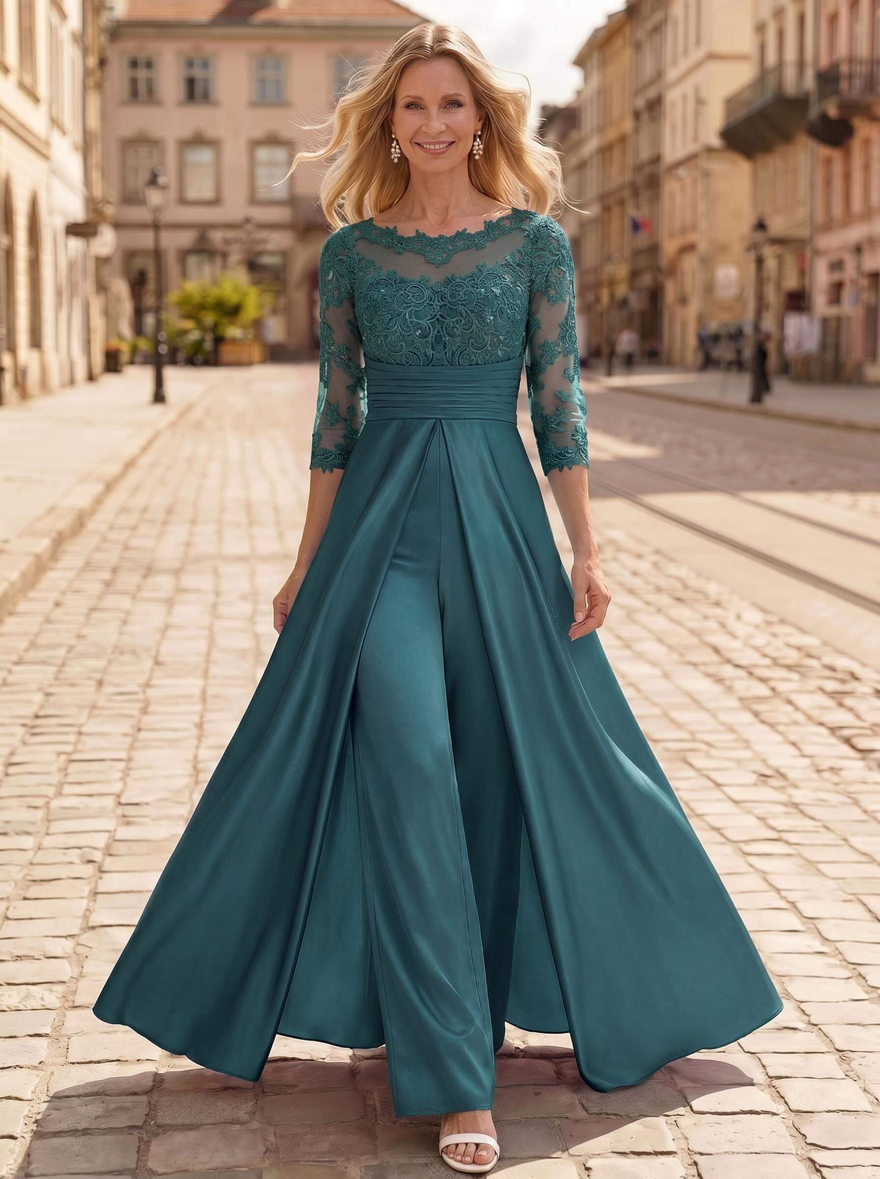 Jumpsuit/Pantsuit Scoop Neck 3/4 Sleeves Floor-Length Crepe Satin Mother Of The Bride Dresses