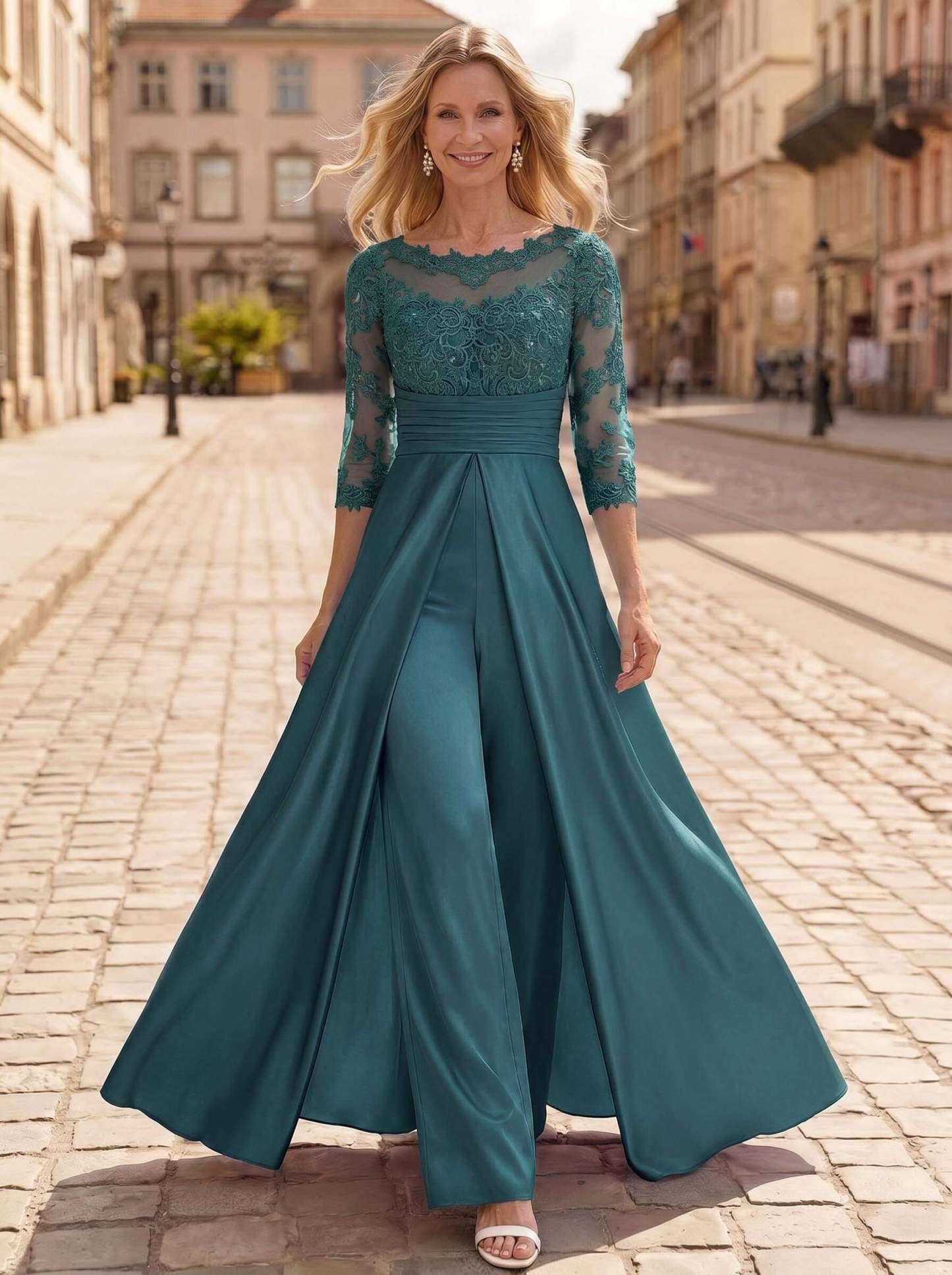 Jumpsuit/Pantsuit Scoop Neck 3/4 Sleeves Floor-Length Crepe Satin Mother Of The Bride Dresses