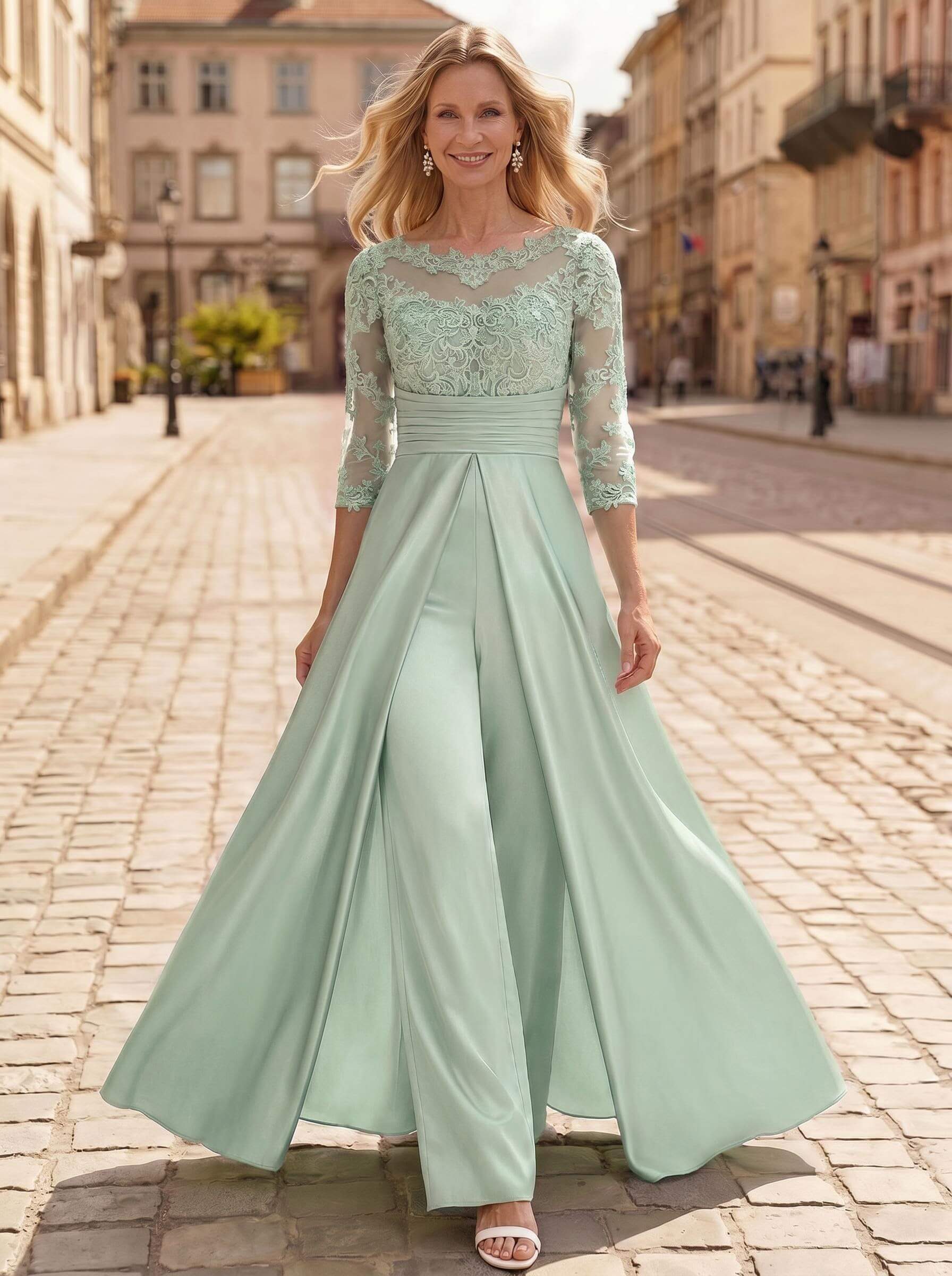 Jumpsuit/Pantsuit Scoop Neck 3/4 Sleeves Floor-Length Crepe Satin Mother Of The Bride Dresses