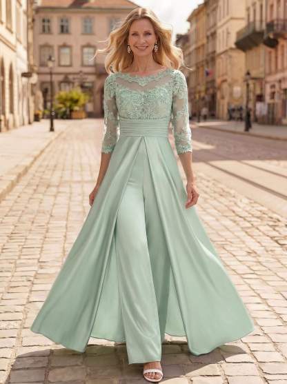 Jumpsuit/Pantsuit Scoop Neck 3/4 Sleeves Floor-Length Crepe Satin Mother Of The Bride Dresses