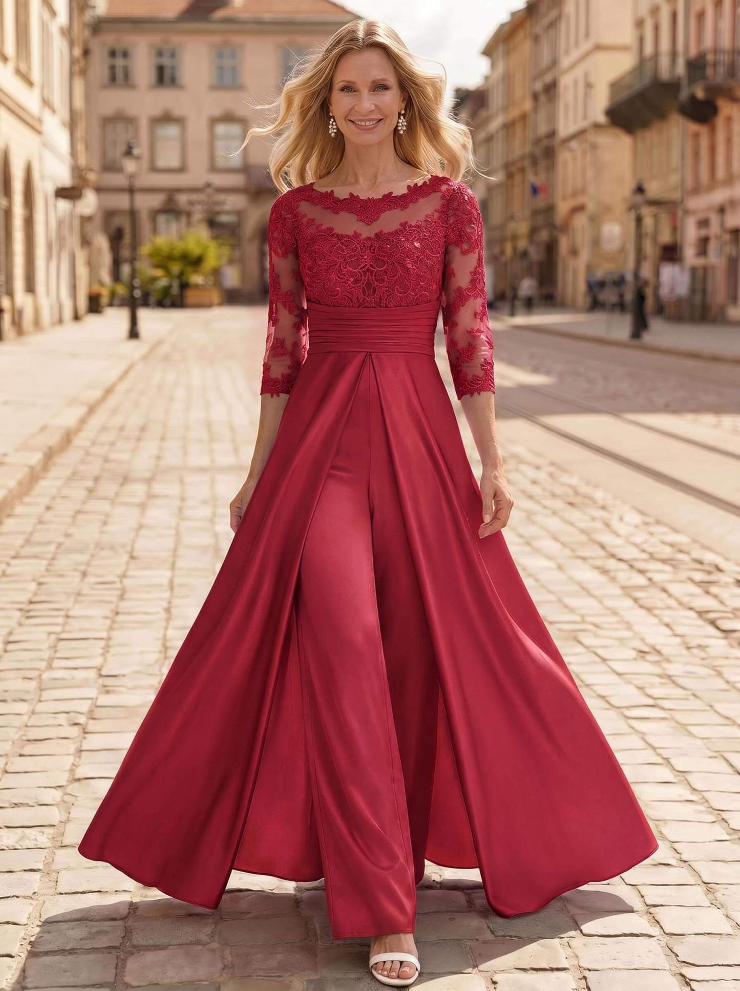 Jumpsuit/Pantsuit Scoop Neck 3/4 Sleeves Floor-Length Crepe Satin Mother Of The Bride Dresses