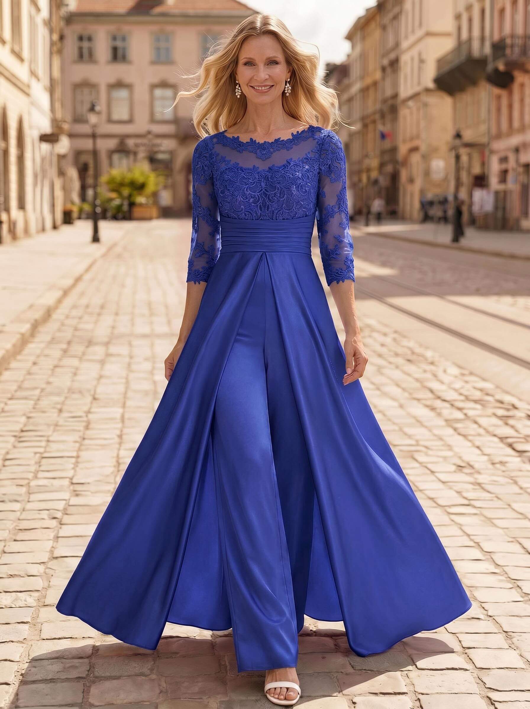 Jumpsuit/Pantsuit Scoop Neck 3/4 Sleeves Floor-Length Crepe Satin Mother Of The Bride Dresses